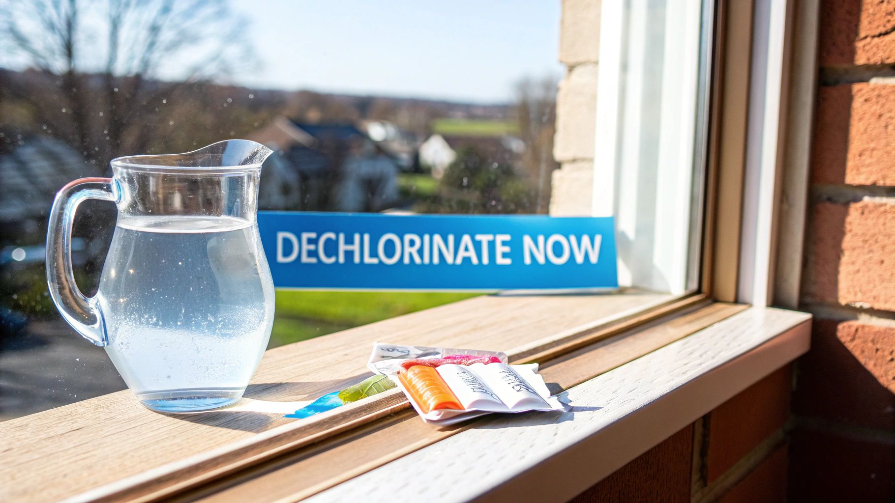 A clear glass pitcher of water sitting on a wooden countertop in a sunlit kitchen.