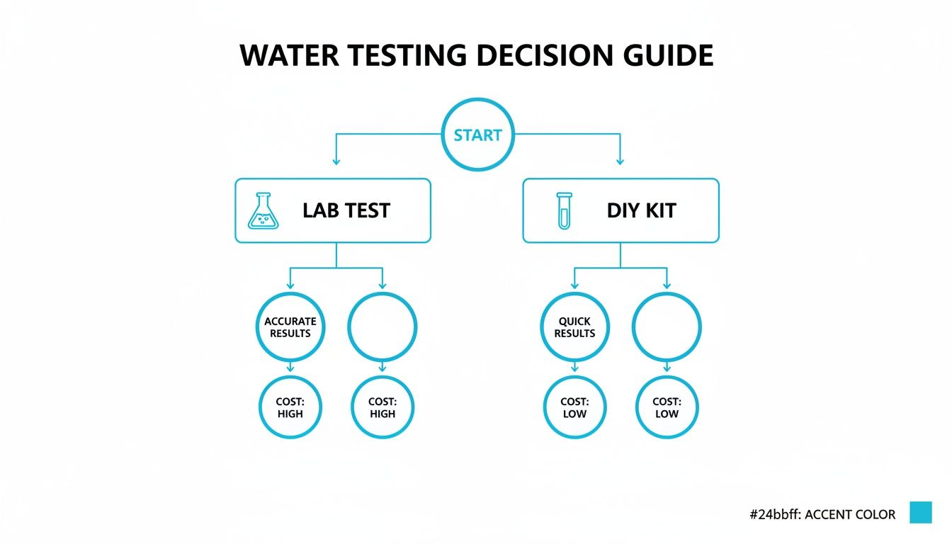 A water testing decision guide flowchart compares lab tests (accurate, high cost) with DIY kits (quick, low cost).