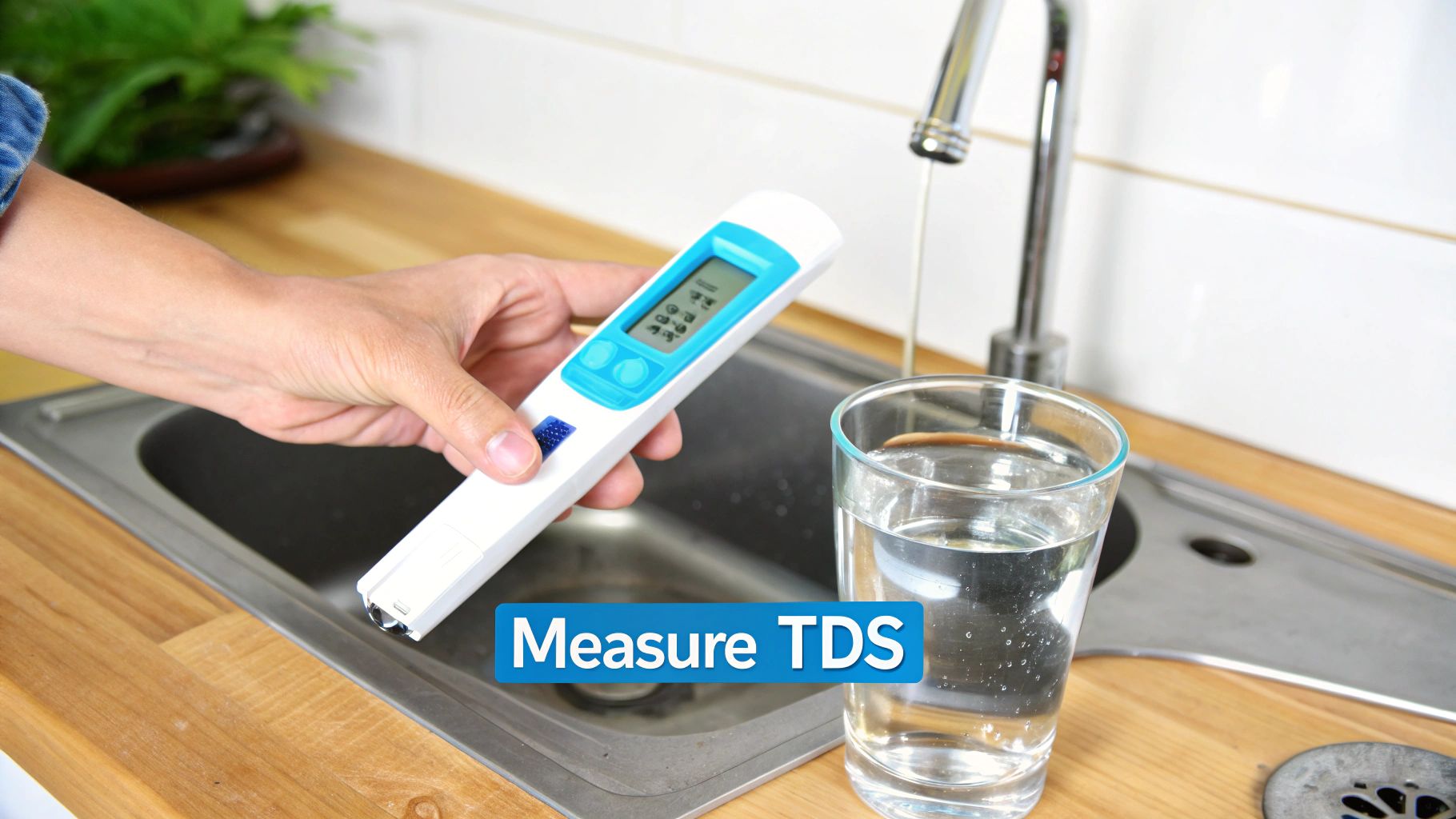 A hand holds a TDS meter above a glass of water next to a running faucet in a kitchen sink, illustrating water quality testing.