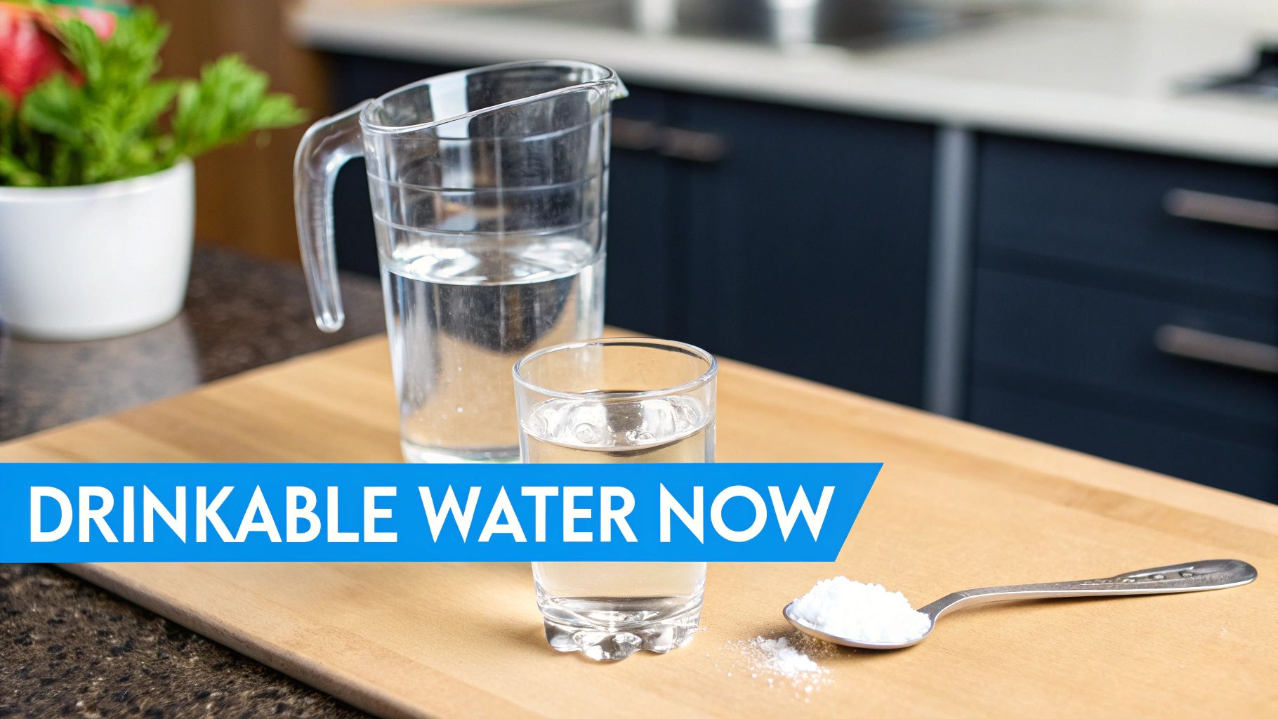 Pitcher and glass of water with a spoon of white powder on a wooden board. 'DRINKABLE WATER NOW' text.