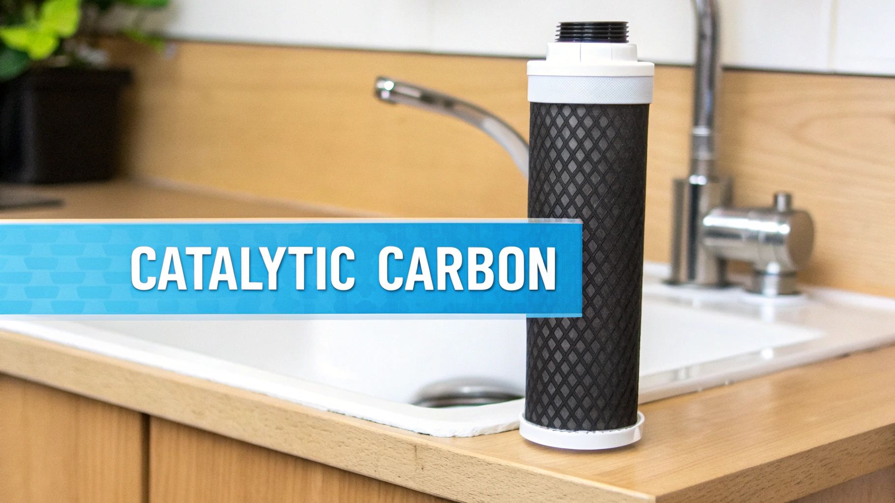 A close-up shot of a whole-house catalytic carbon water filtration system installed in a residential garage.