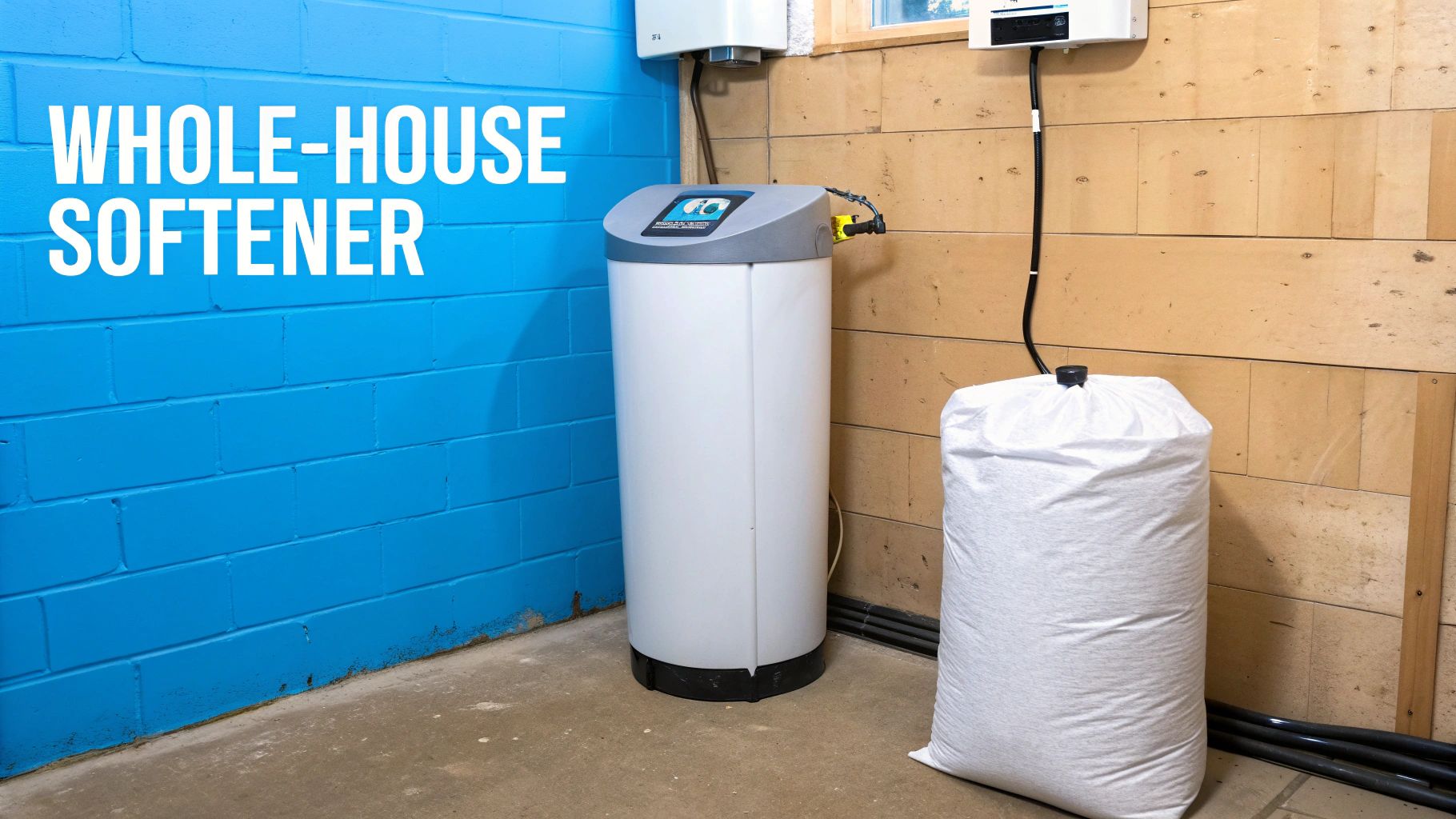 A water softener and salt bag in a basement with blue concrete block walls and wood paneling.