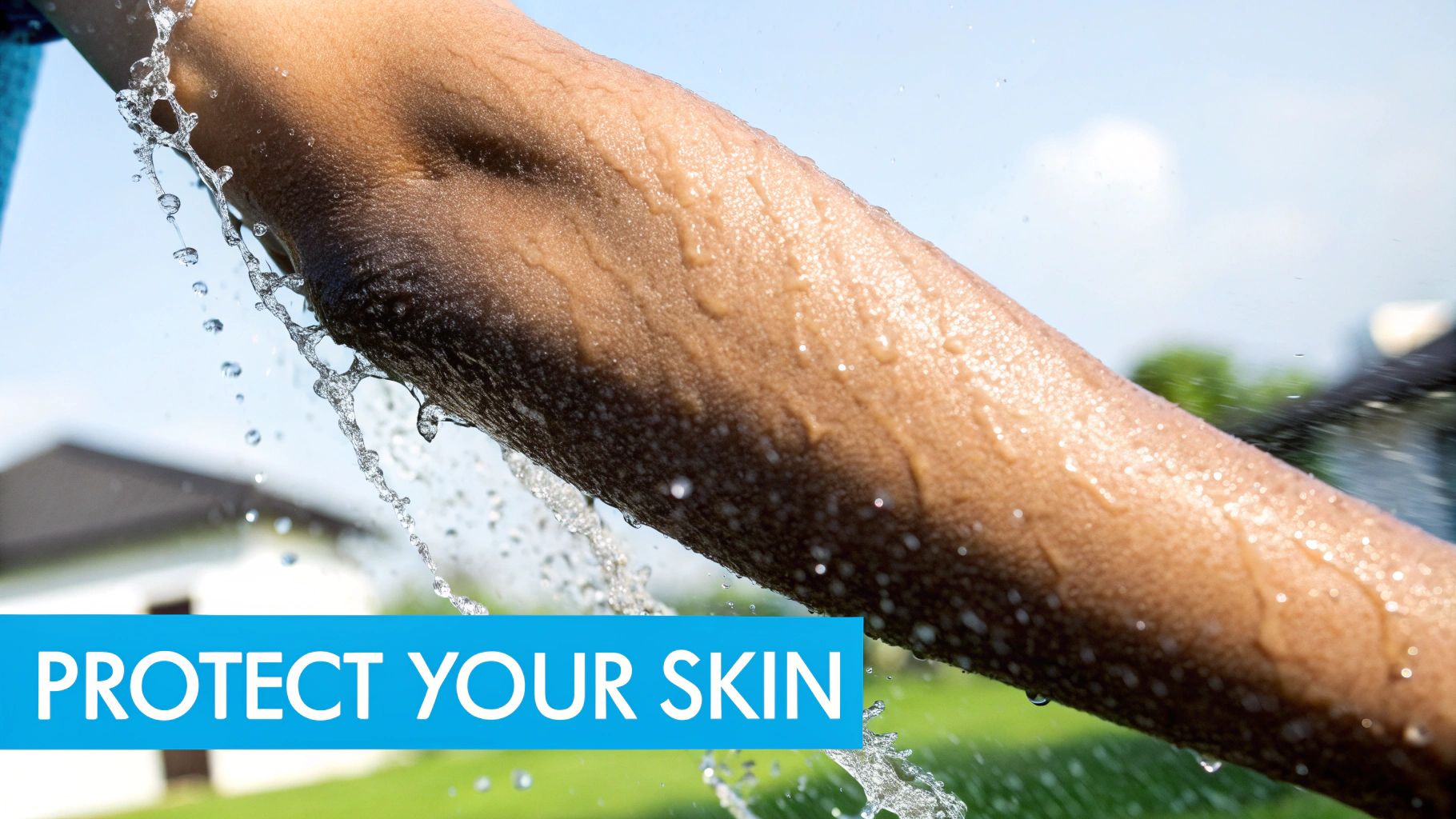 A person's arm being rinsed with water droplets, with a blue banner stating 'PROTECT YOUR SKIN'.