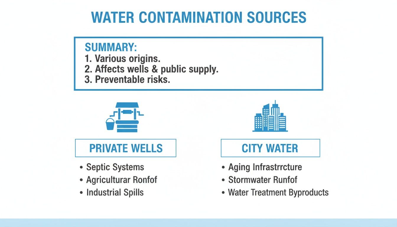 Infographic detailing water contamination sources for private wells and city water, including septic systems and aging infrastructure.