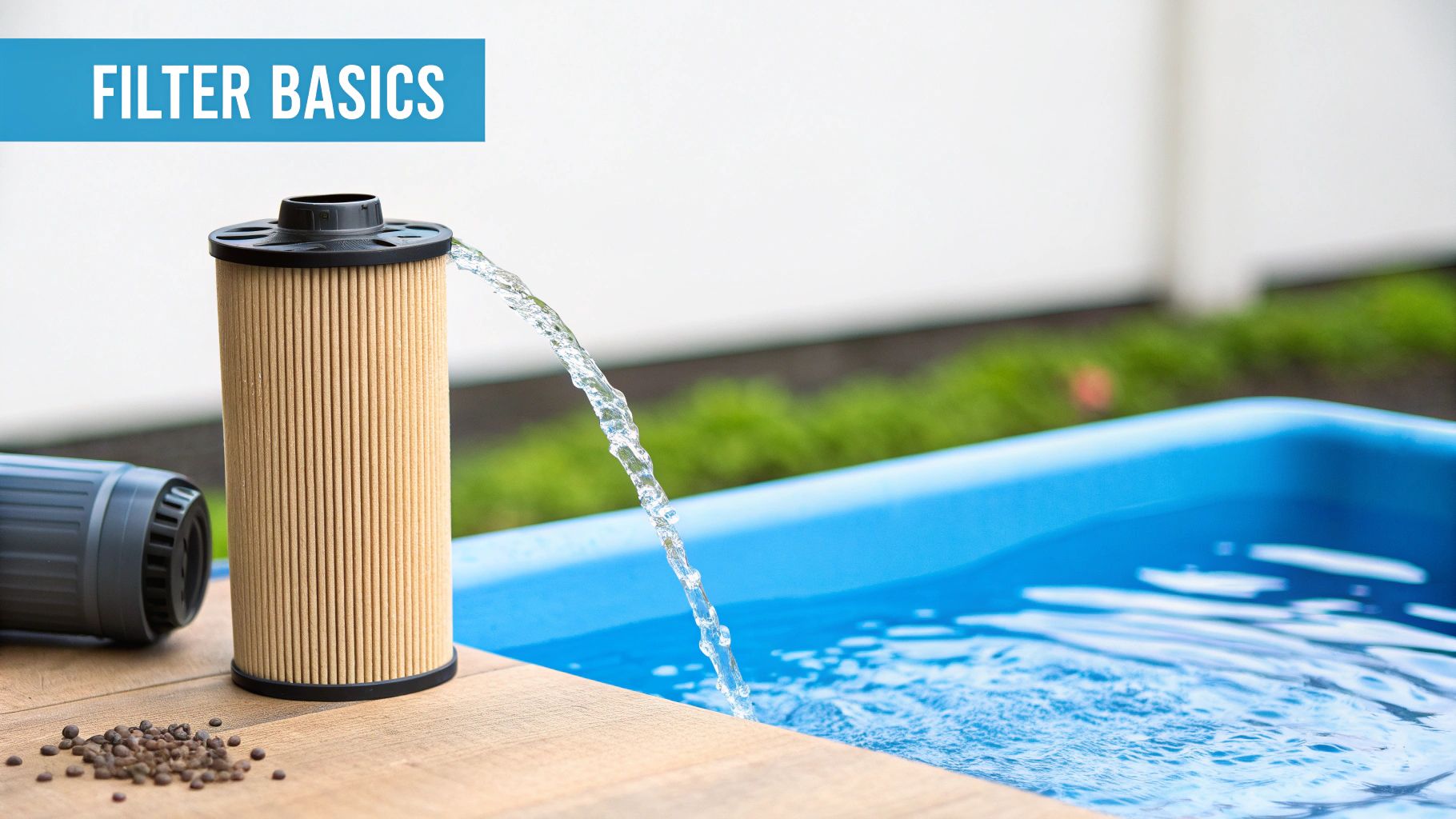 A close-up of water flowing through an activated carbon water filter cartridge.