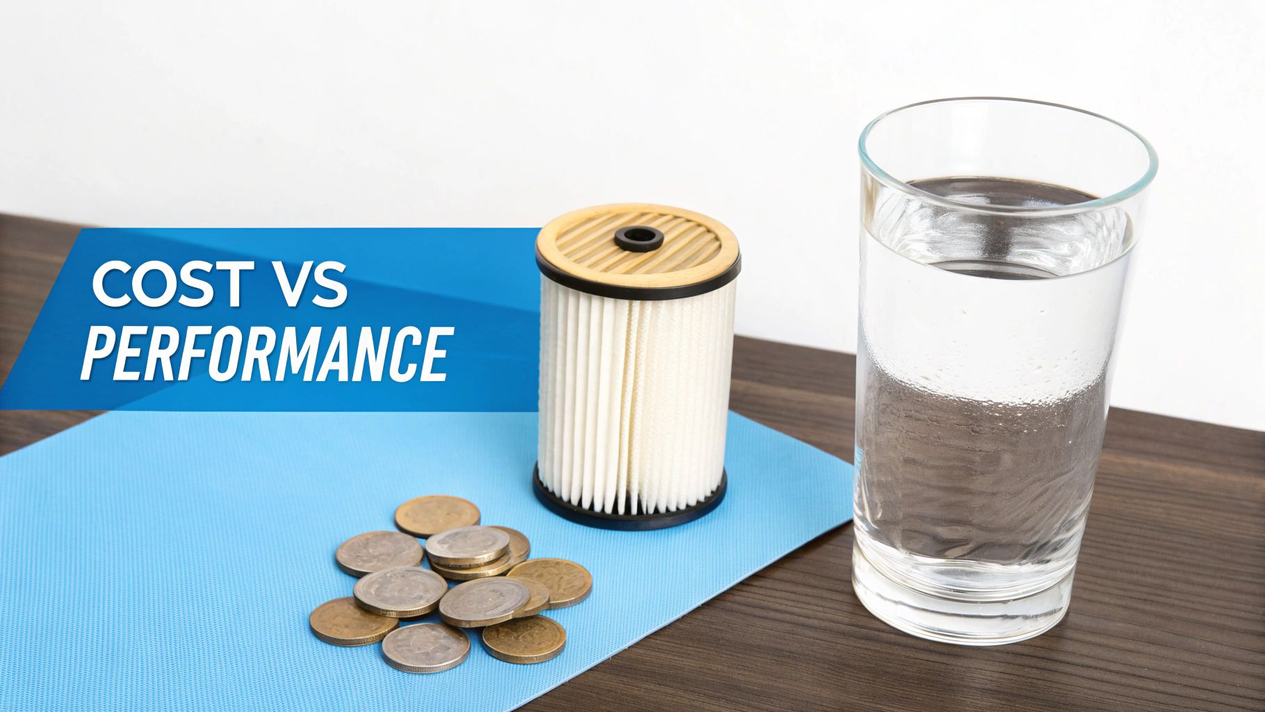 A water filter, coins, and a glass of water illustrate cost vs performance comparison.