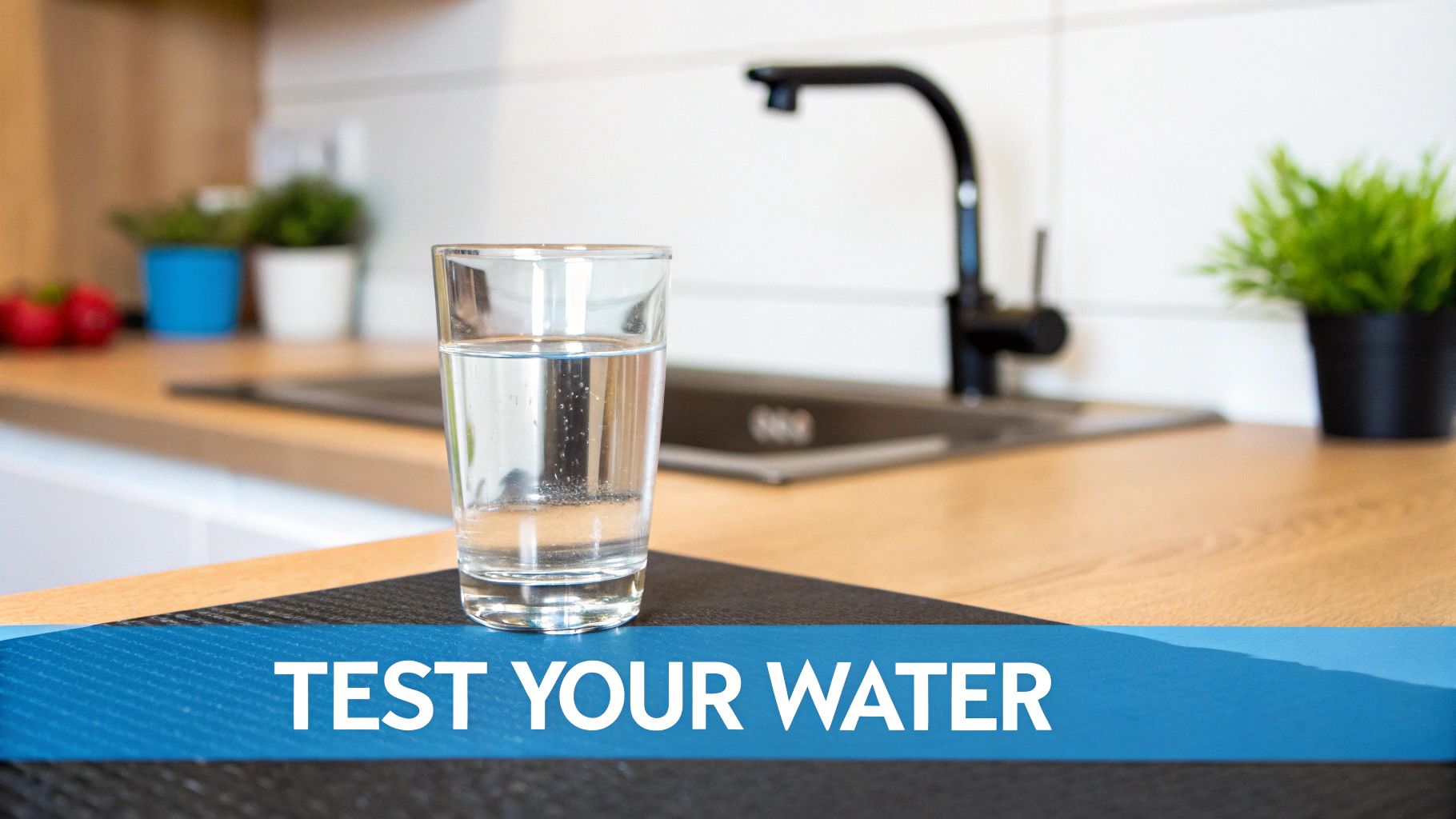 A person holding a glass of clear tap water up to the light in a modern kitchen.