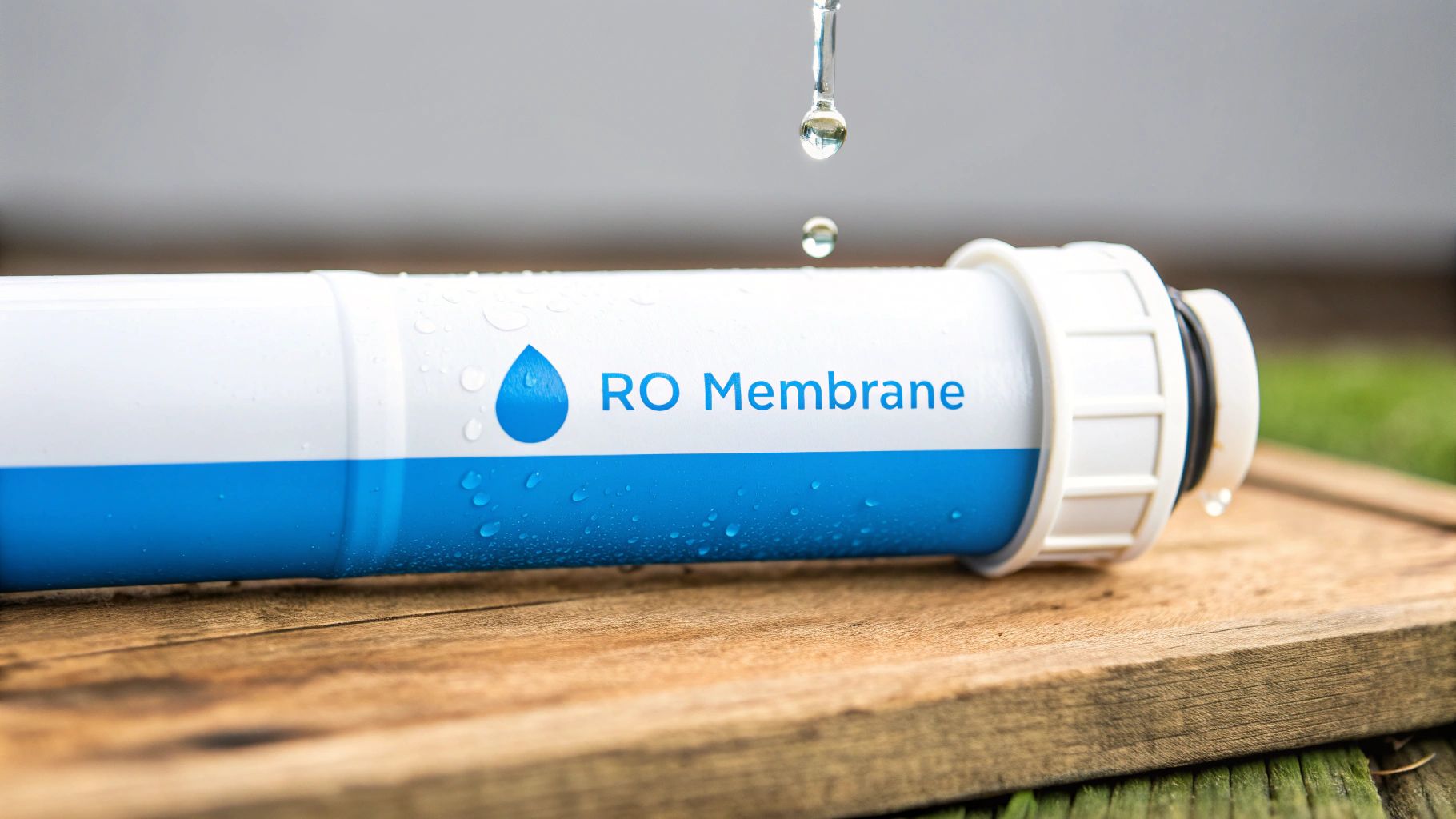 A white and blue RO Membrane filter with water dripping on it, resting on a wooden surface.