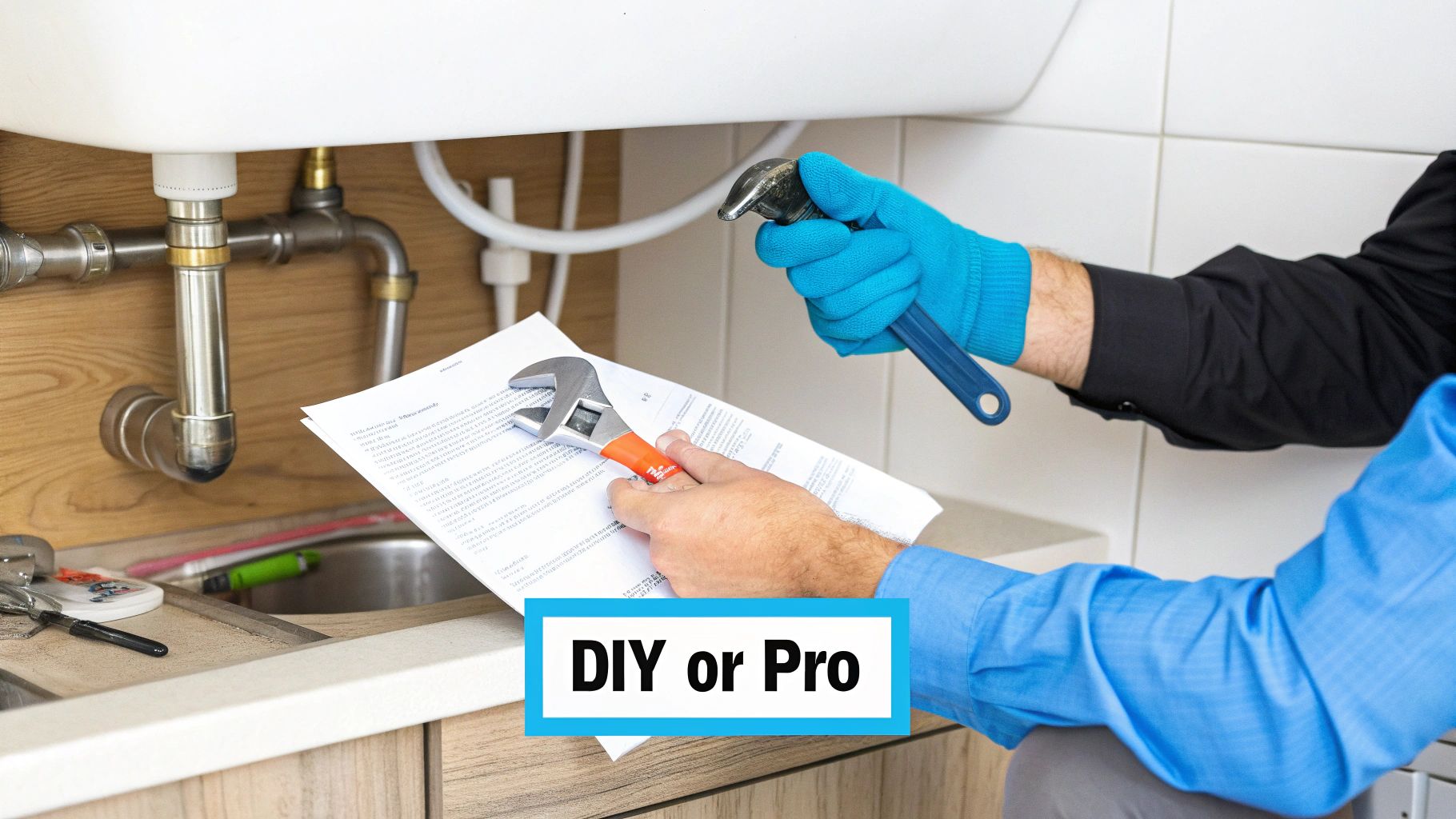 Two sets of hands, one gloved holding a pipe wrench, the other ungloved with an adjustable wrench and papers, under a sink with plumbing, illustrating DIY vs professional options.