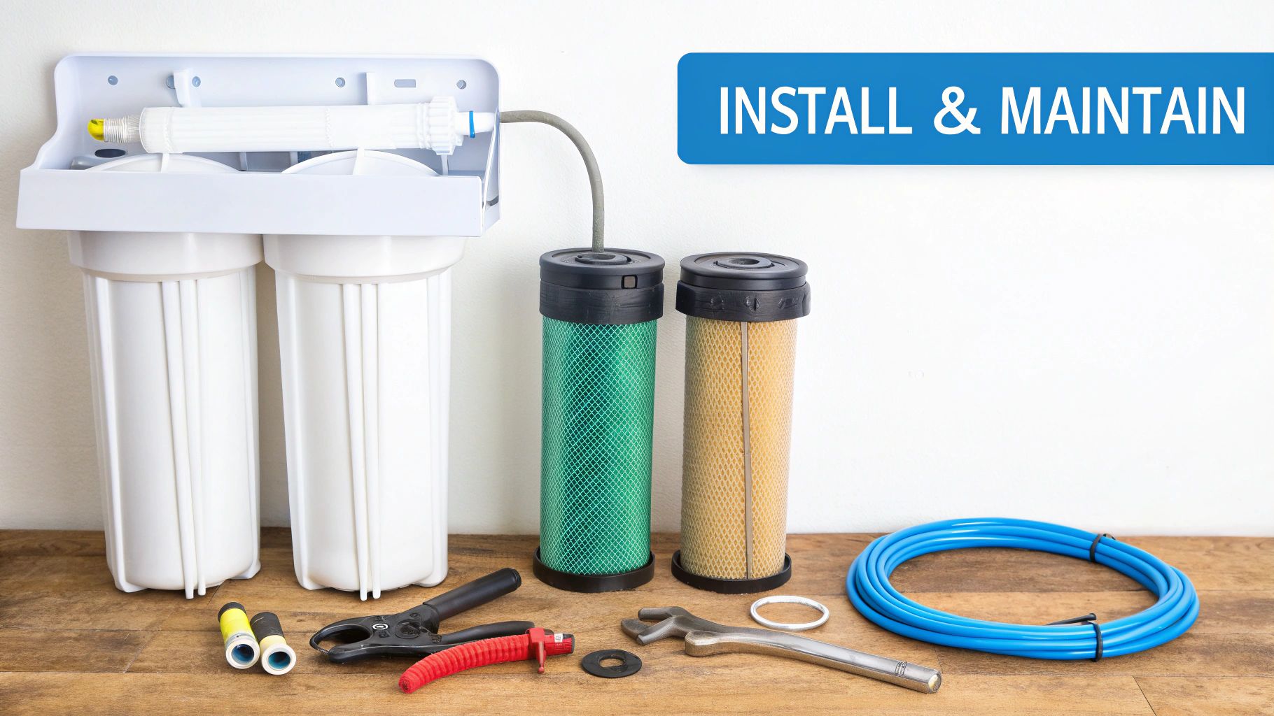 A plumber is shown installing a whole house water filter system onto the main water line in a clean, well-lit basement.