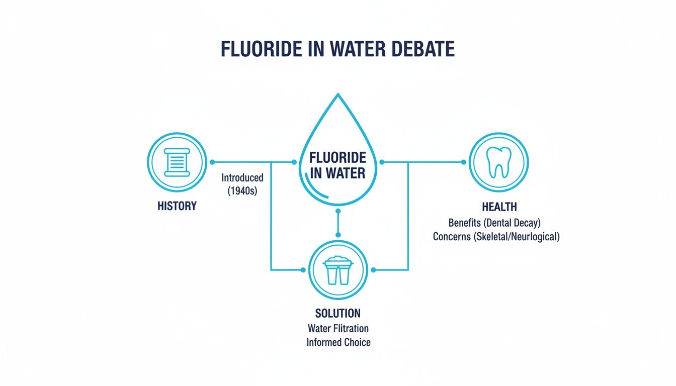 Infographic discussing the fluoride in water debate, detailing its history, health benefits, concerns, and solutions.