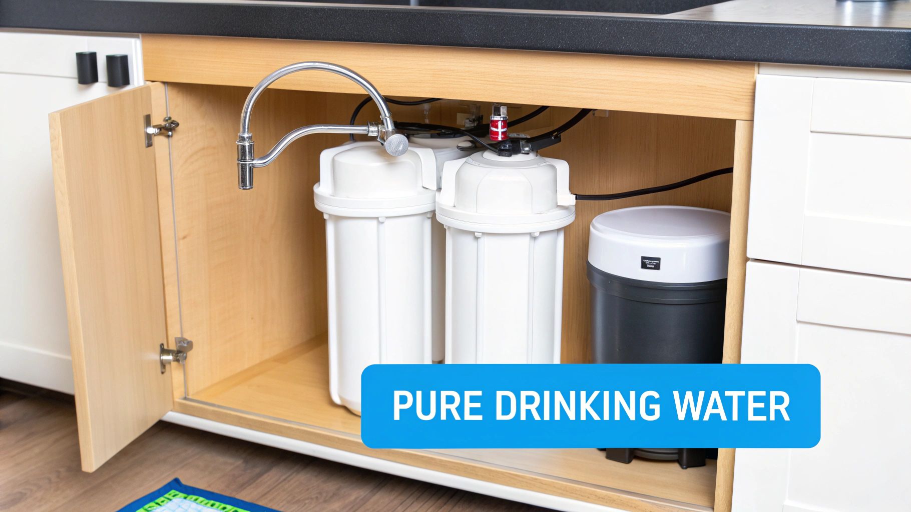 An under-sink water filtration system provides pure drinking water from a chrome faucet in a kitchen cabinet.