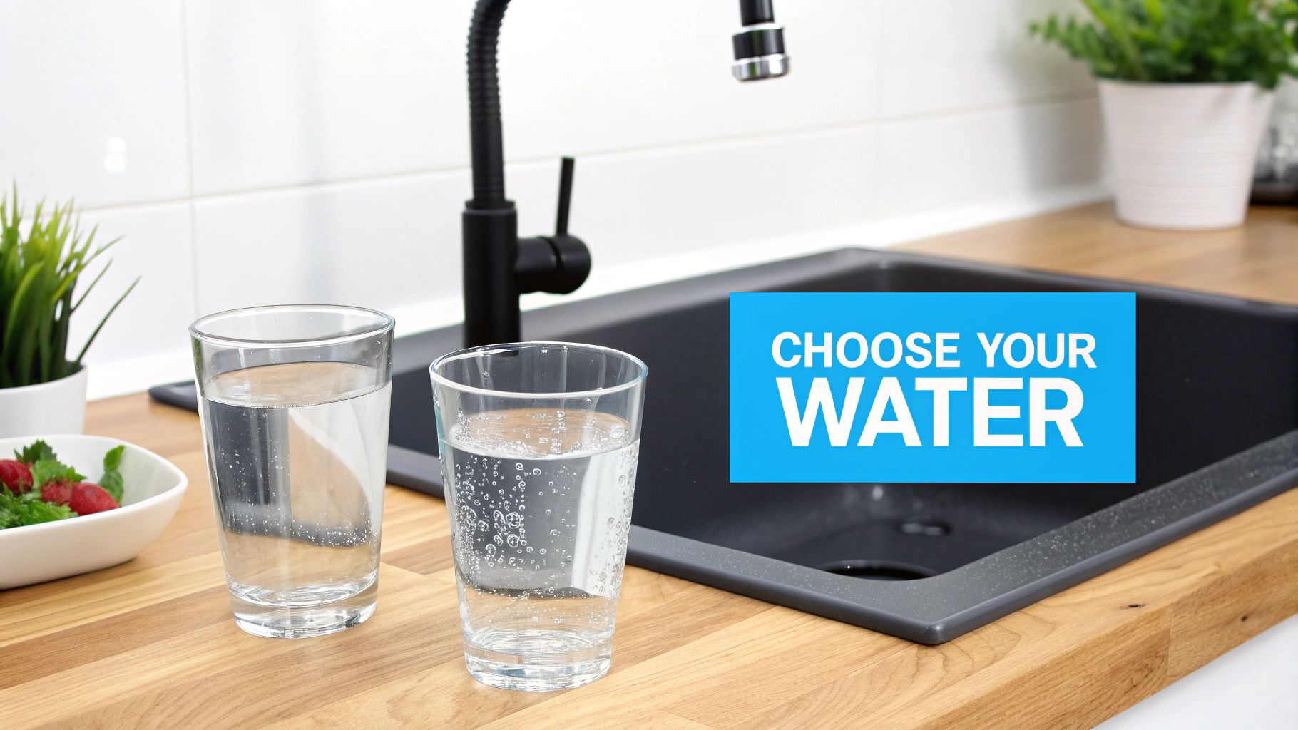 A modern kitchen sink with a dedicated faucet for filtered water, symbolizing a home water system choice.