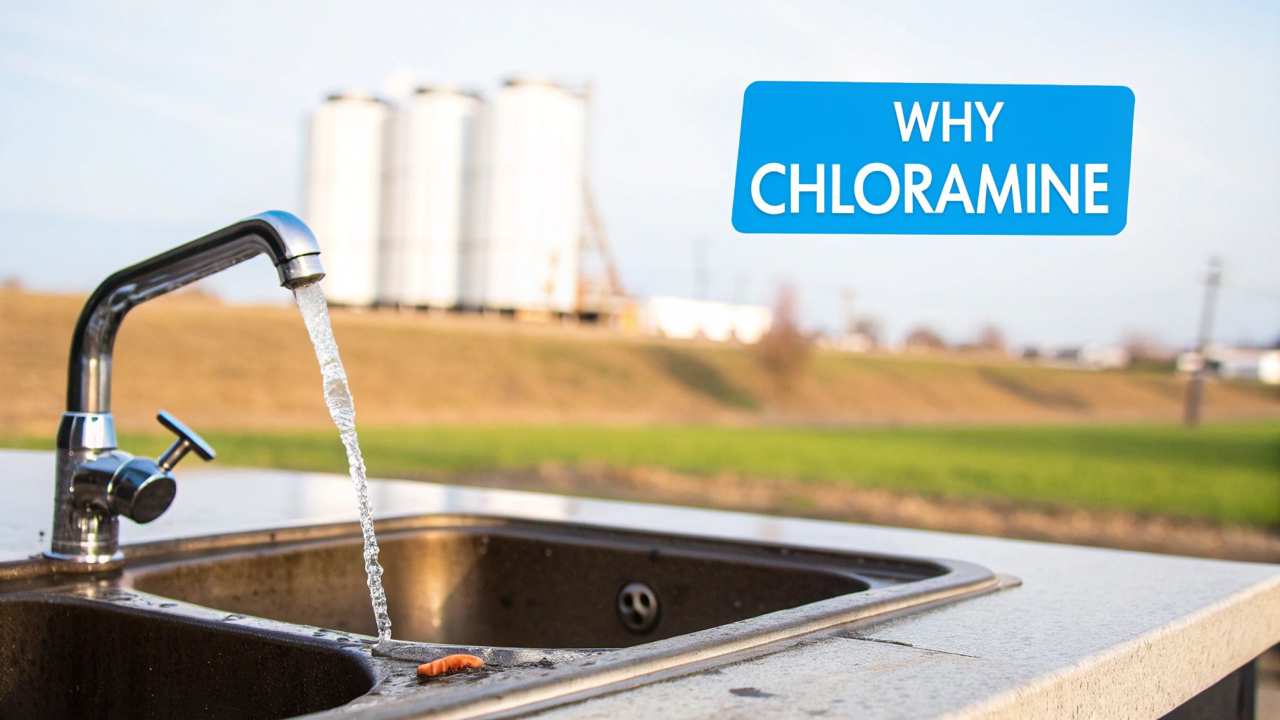 A glass of tap water being filled from a kitchen faucet, representing municipal water treated with chloramine
