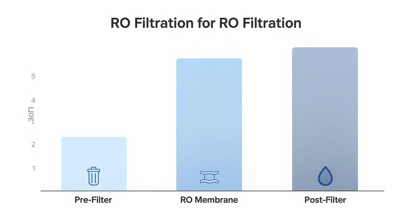 Infographic showing the three main stages of RO filtration Pre-Filter, RO Membrane, and Post-Filter.