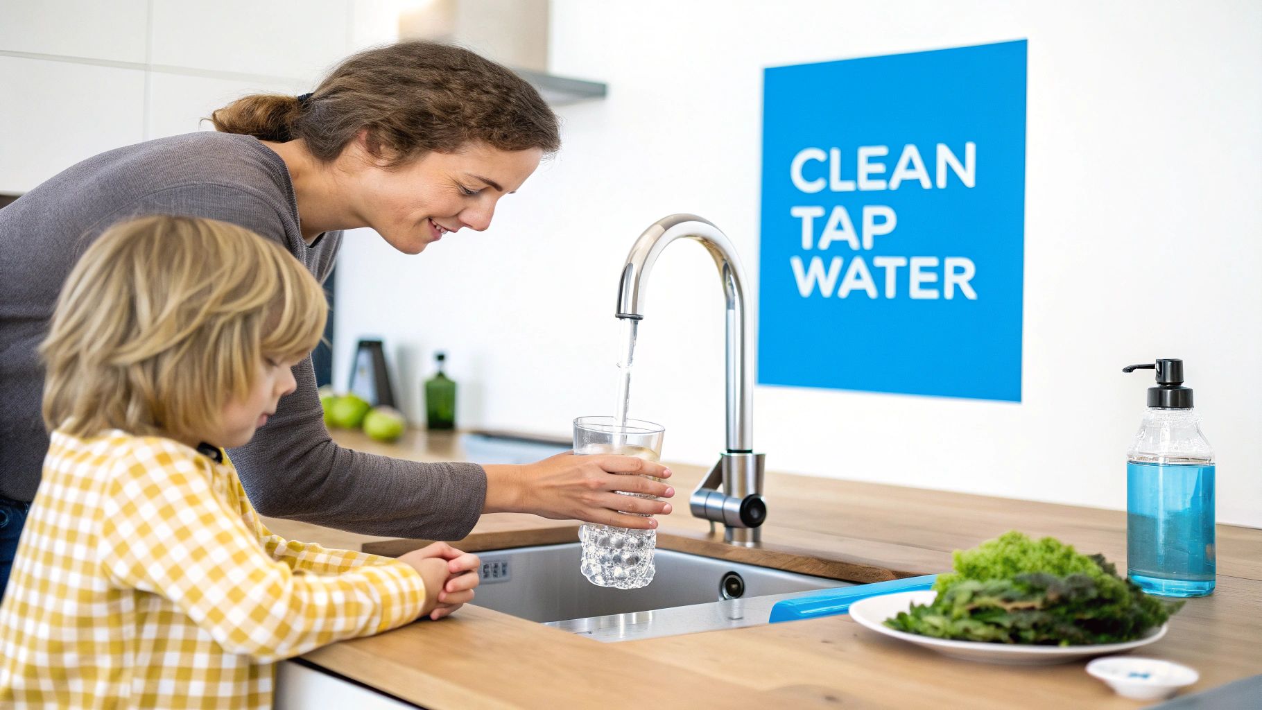 A smiling woman and a child fill a glass with clean tap water from a kitchen faucet.