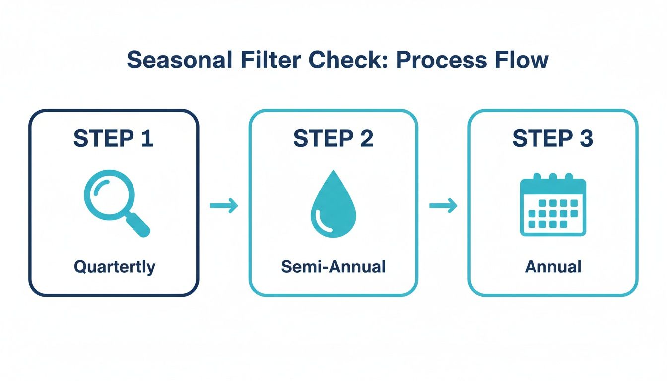 Process flow diagram showing seasonal filter check steps: quarterly, semi-annual, and annual.