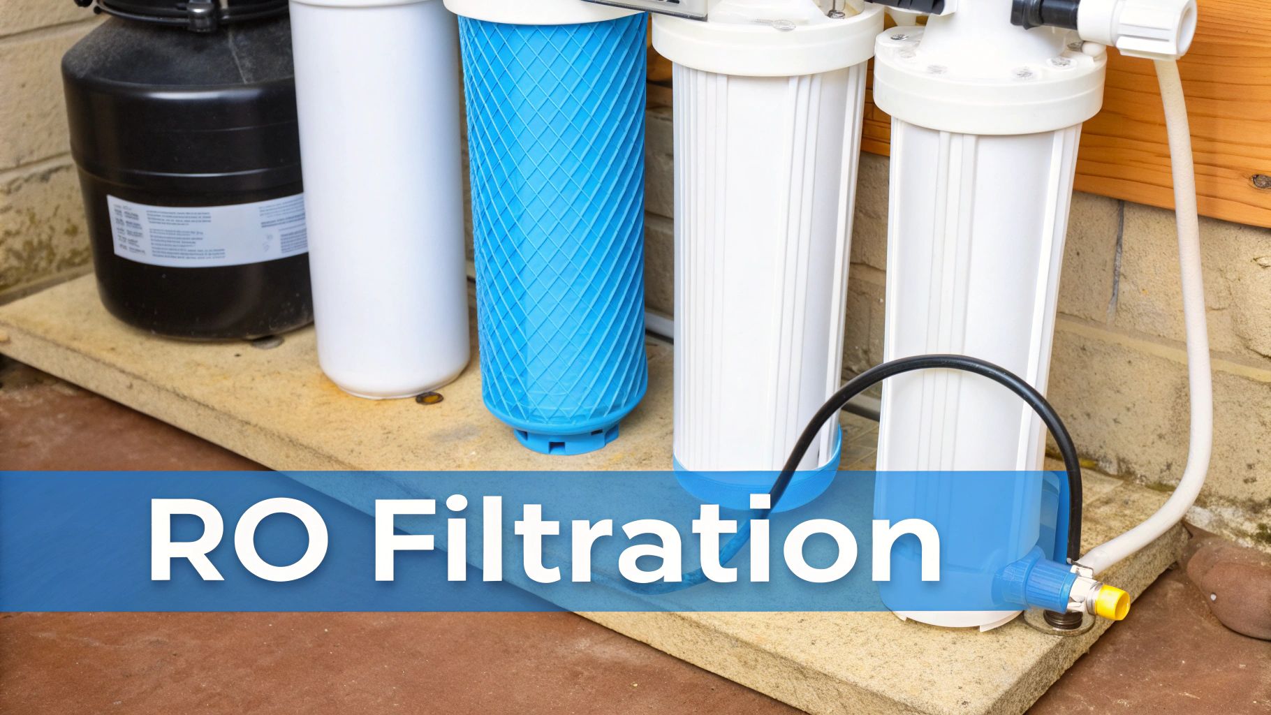 An under-sink reverse osmosis system with multiple filter stages clearly visible.