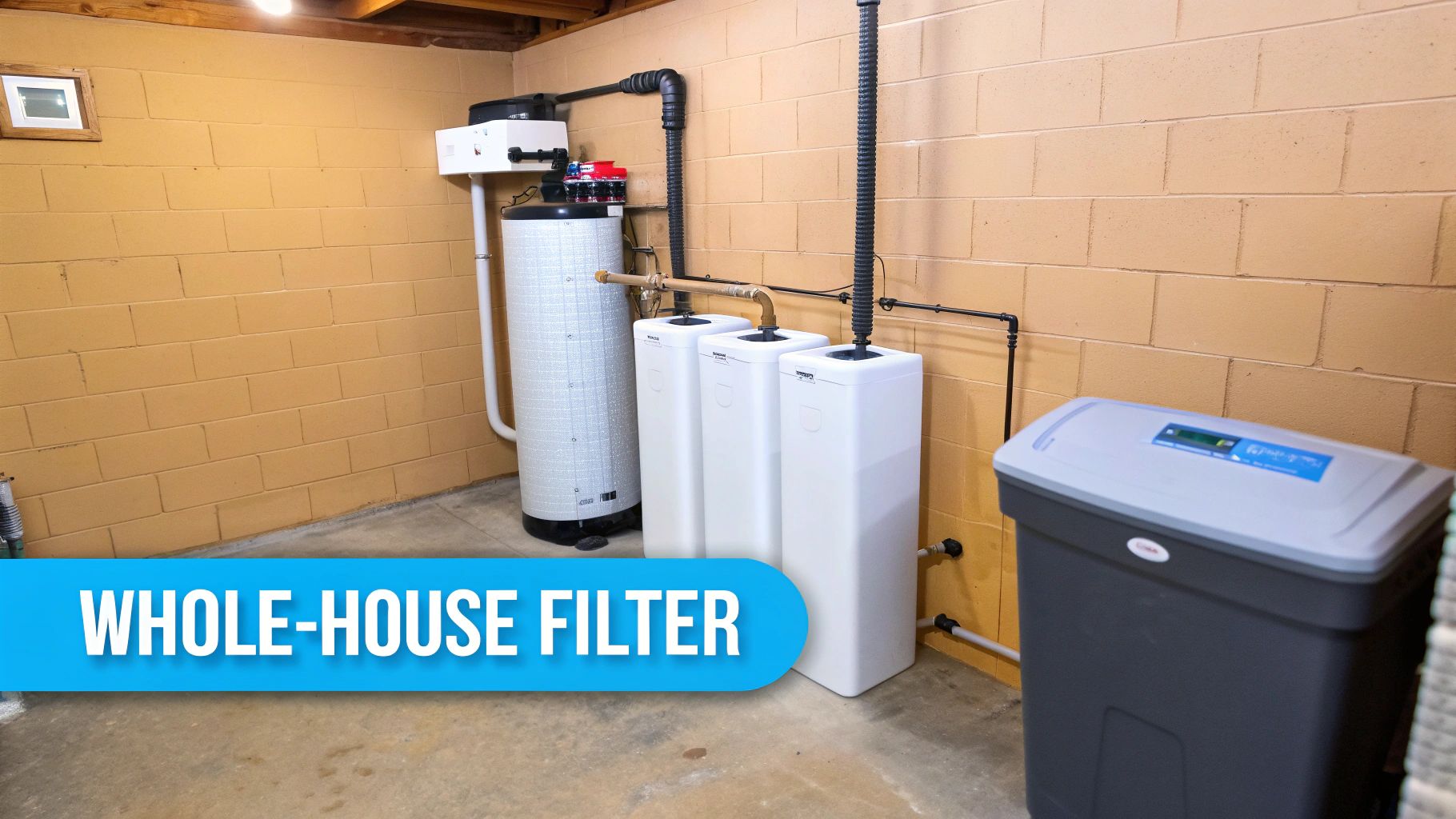A basement utility area featuring a complex whole-house water filtration and softening system with multiple tanks.