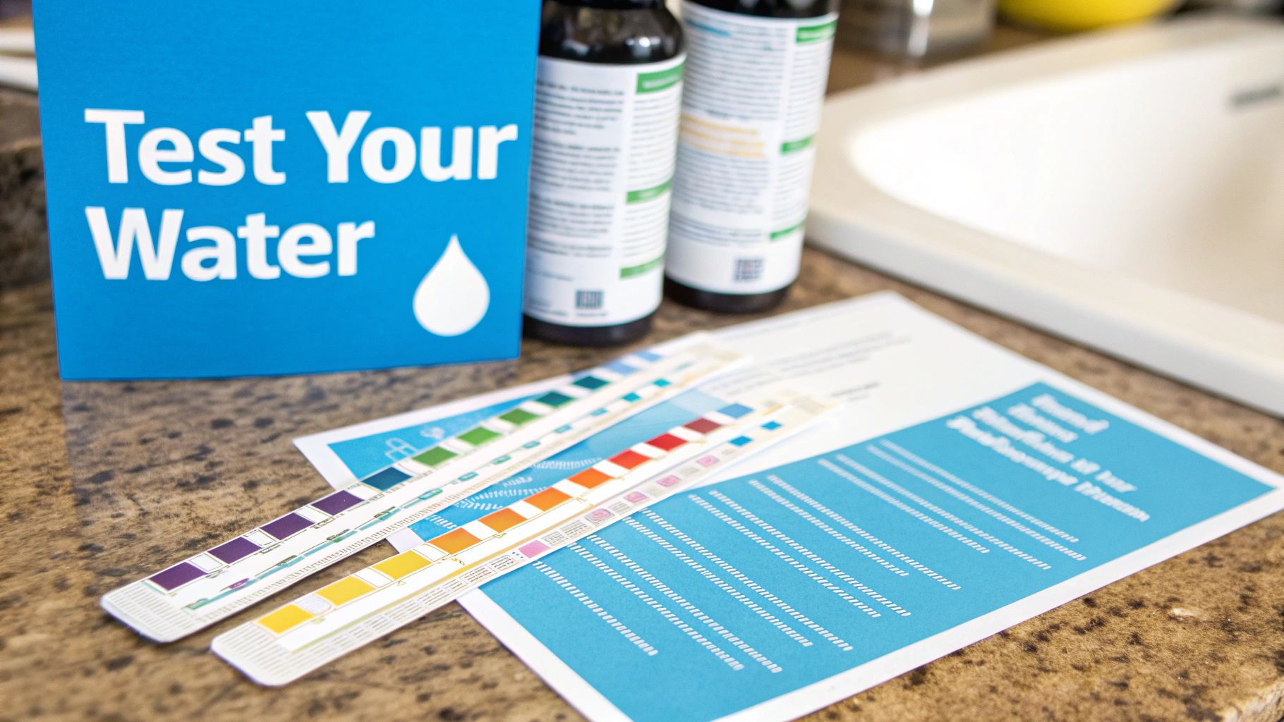 A blue 'Test Your Water' sign stands beside water testing strips and reagent bottles on a kitchen counter near a sink.