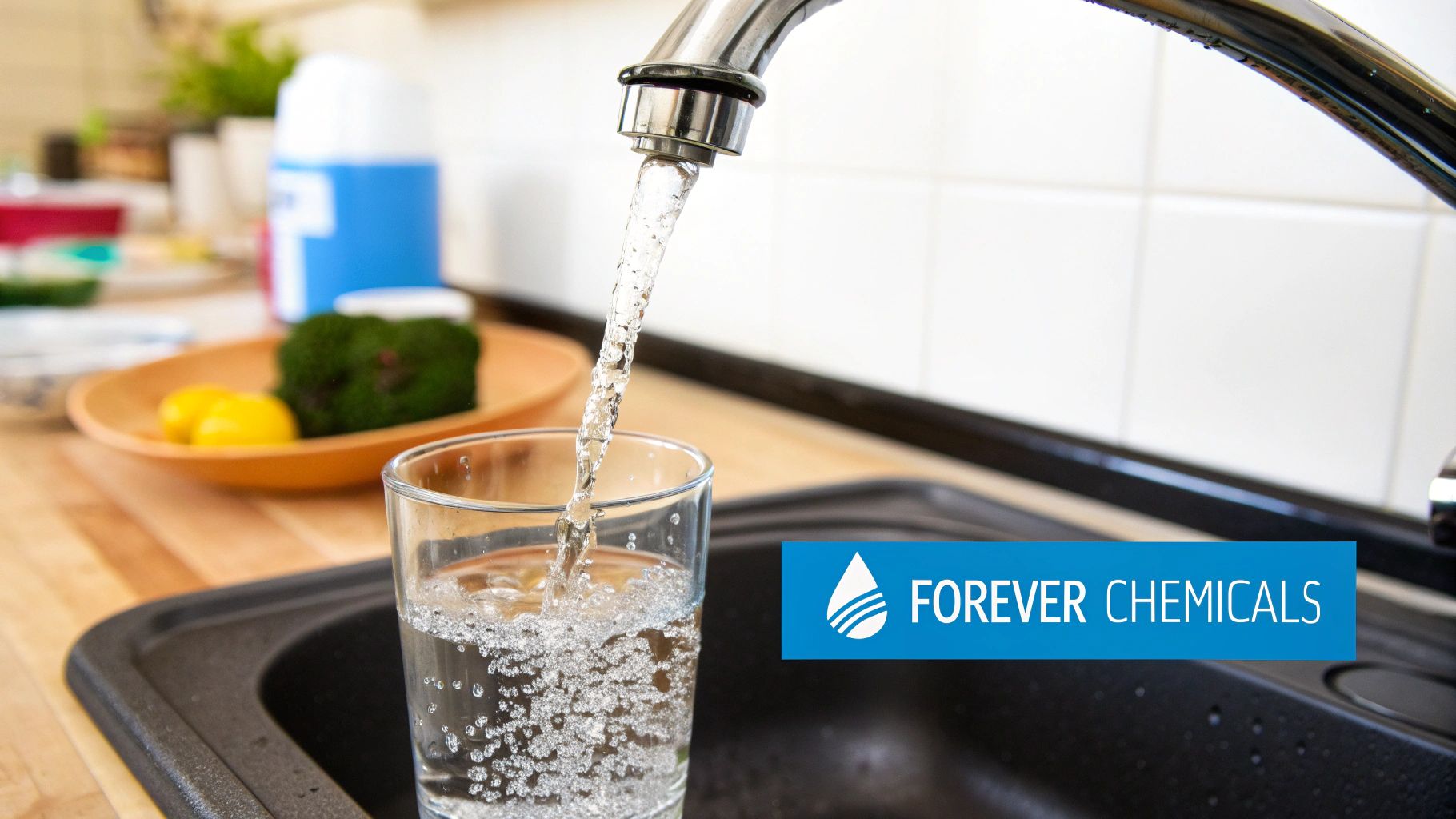 Clean tap water fills a clear drinking glass from a kitchen faucet, bubbles visible.