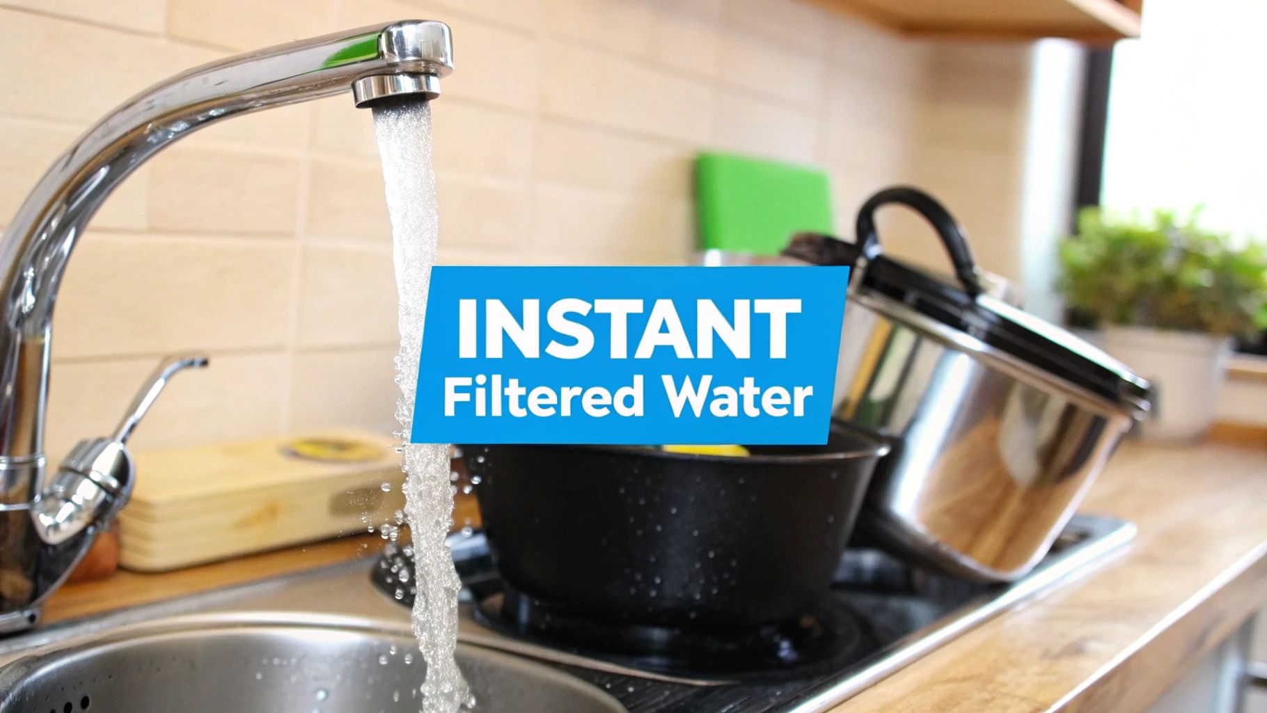 A person using a faucet-mounted filter to fill a glass of water.