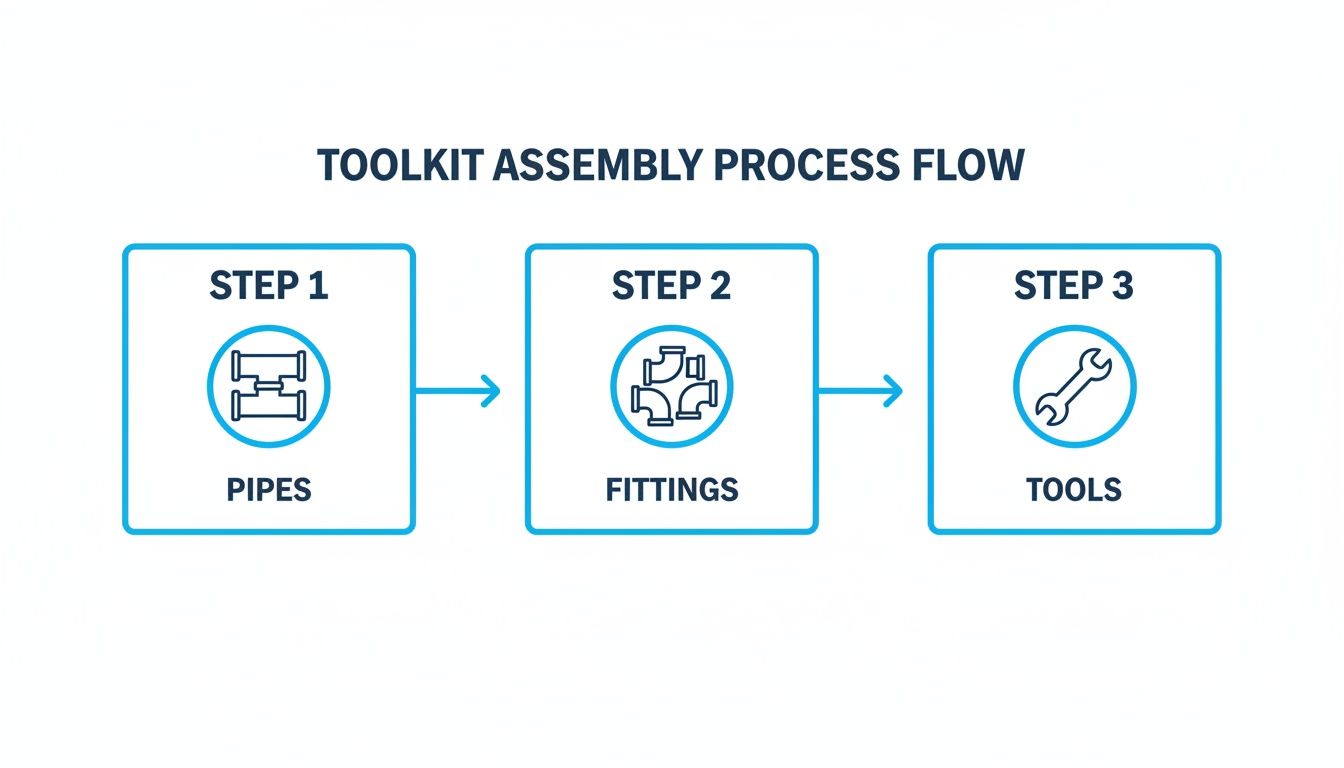 A process flow diagram titled 'Toolkit Assembly Process Flow' with steps for pipes, fittings, and tools.