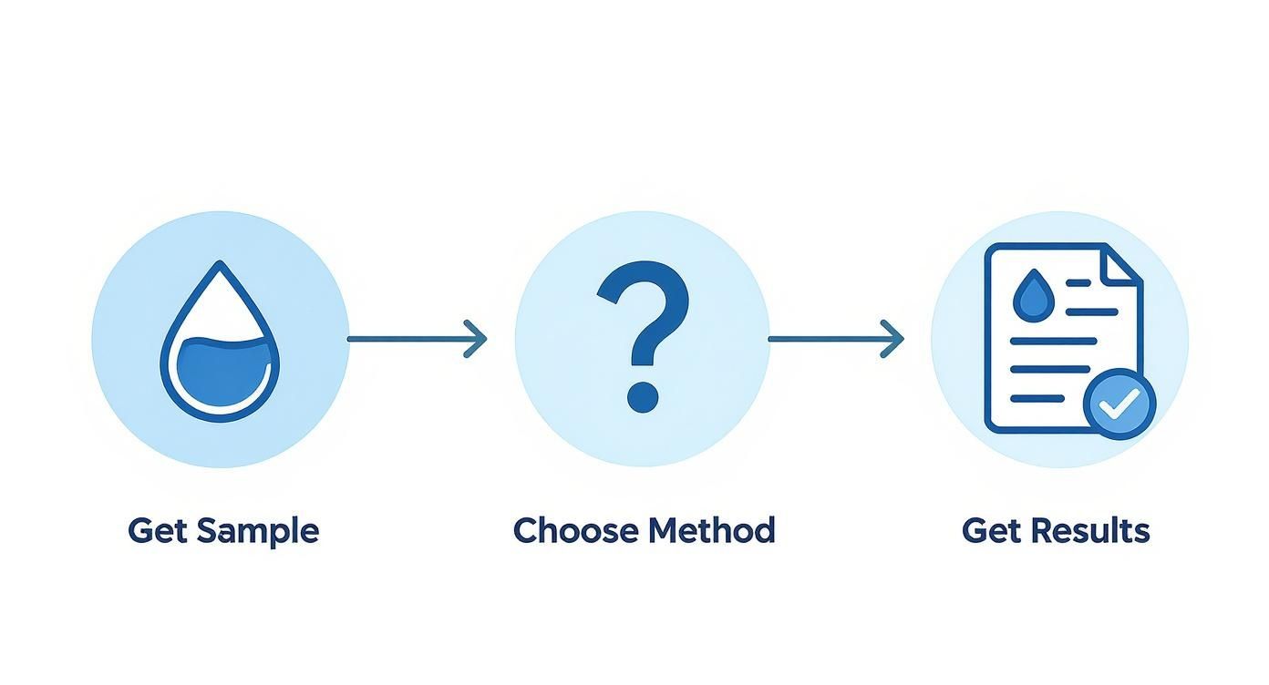 Infographic showing the water testing process: Get Sample, Choose Method, Get Results.