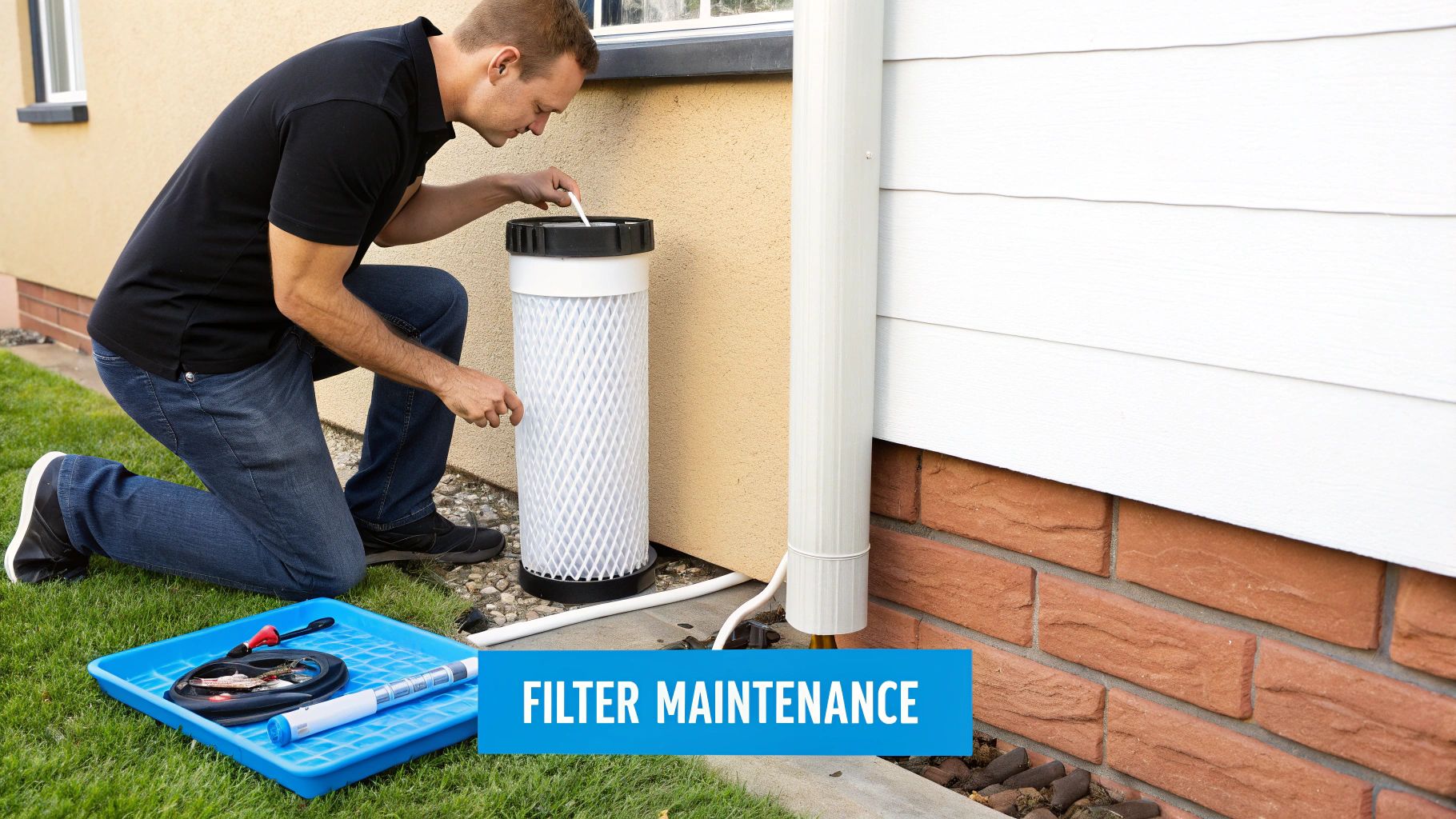 A man kneels on the grass, performing maintenance on an outdoor whole house water filter, with tools in a blue tray.