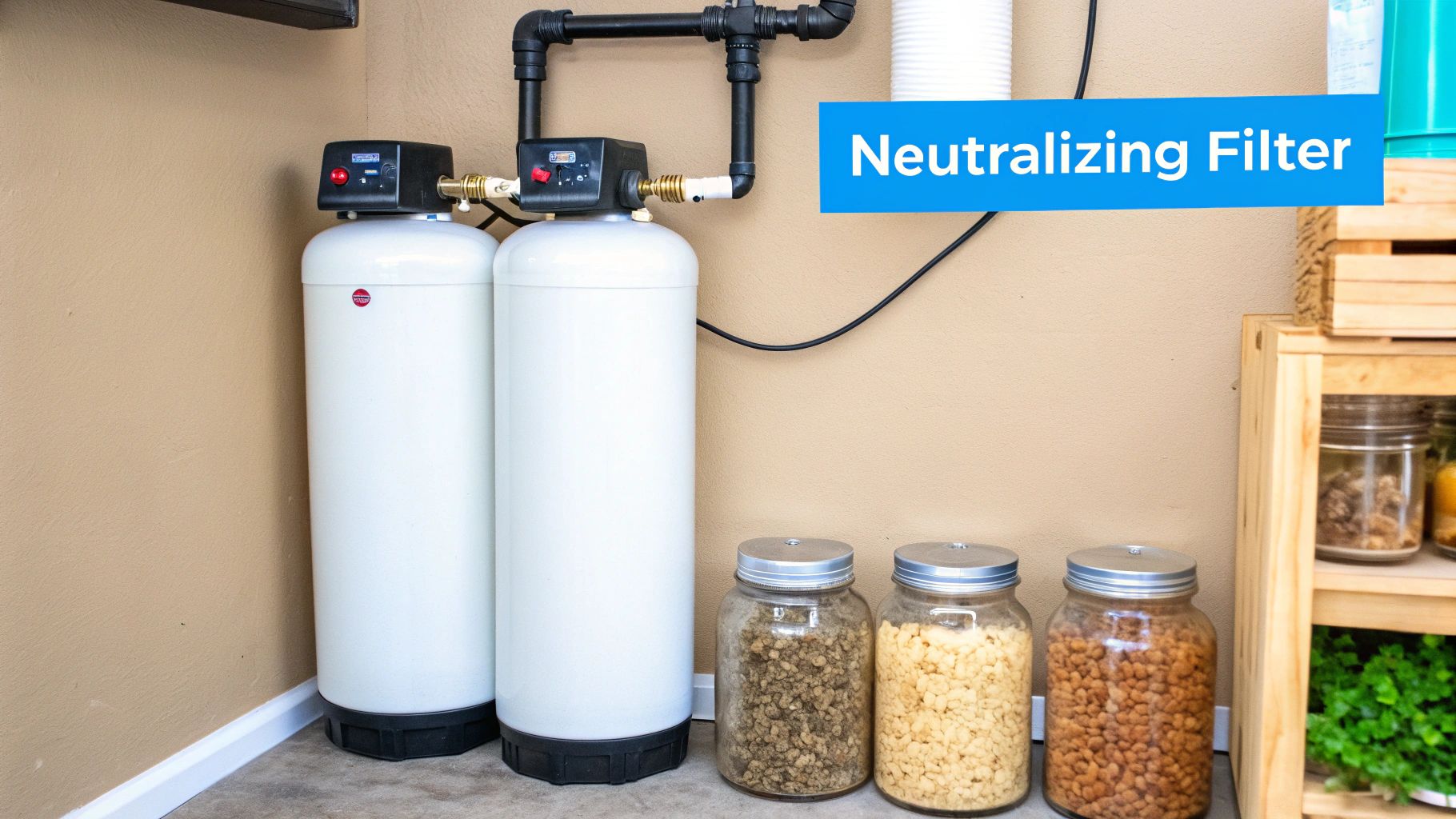 Two white water neutralizing filters with black pipes installed in a home utility room next to food jars.