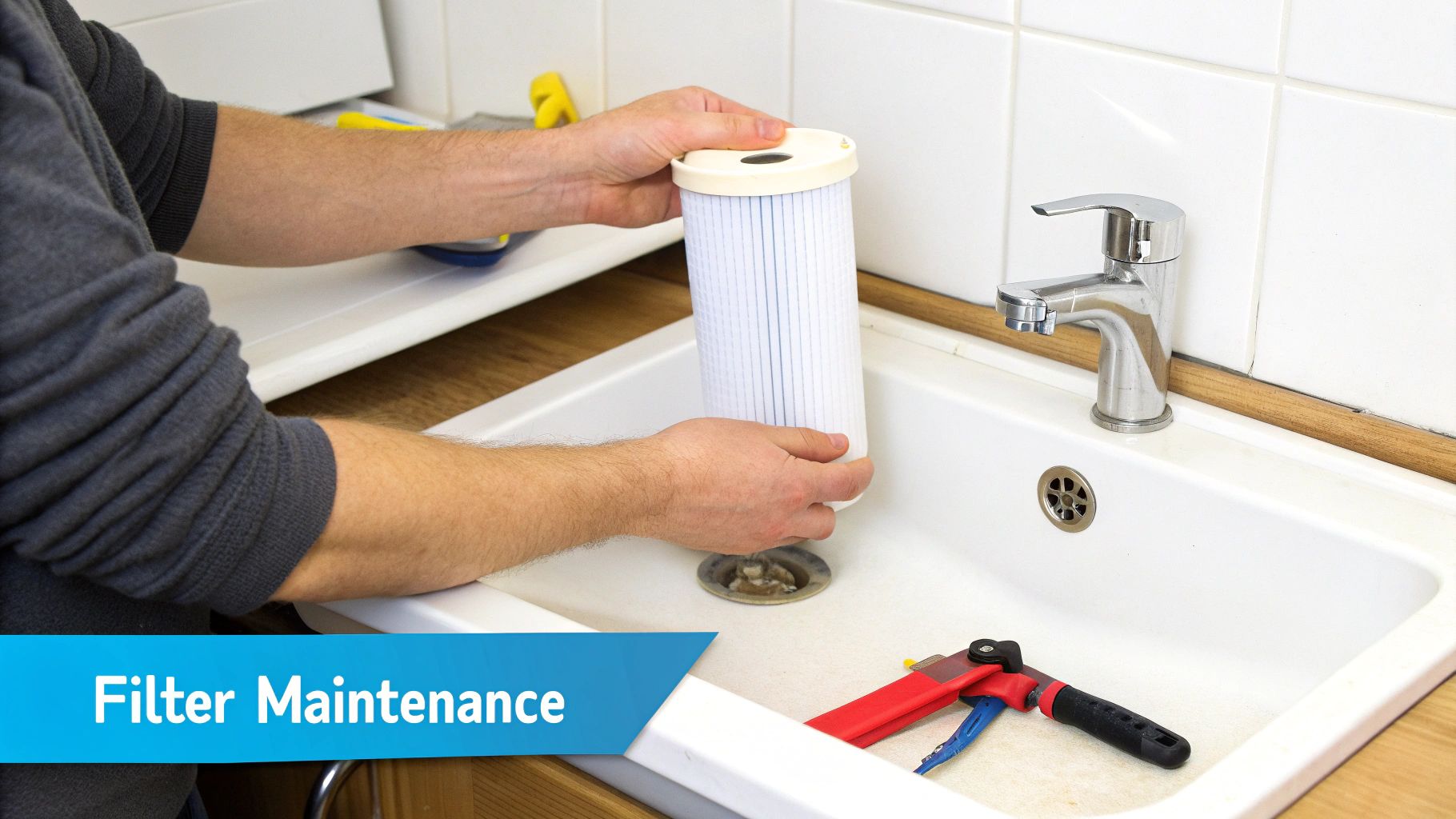 A person's hands are replacing a white water filter cartridge over a kitchen sink, demonstrating filter maintenance.