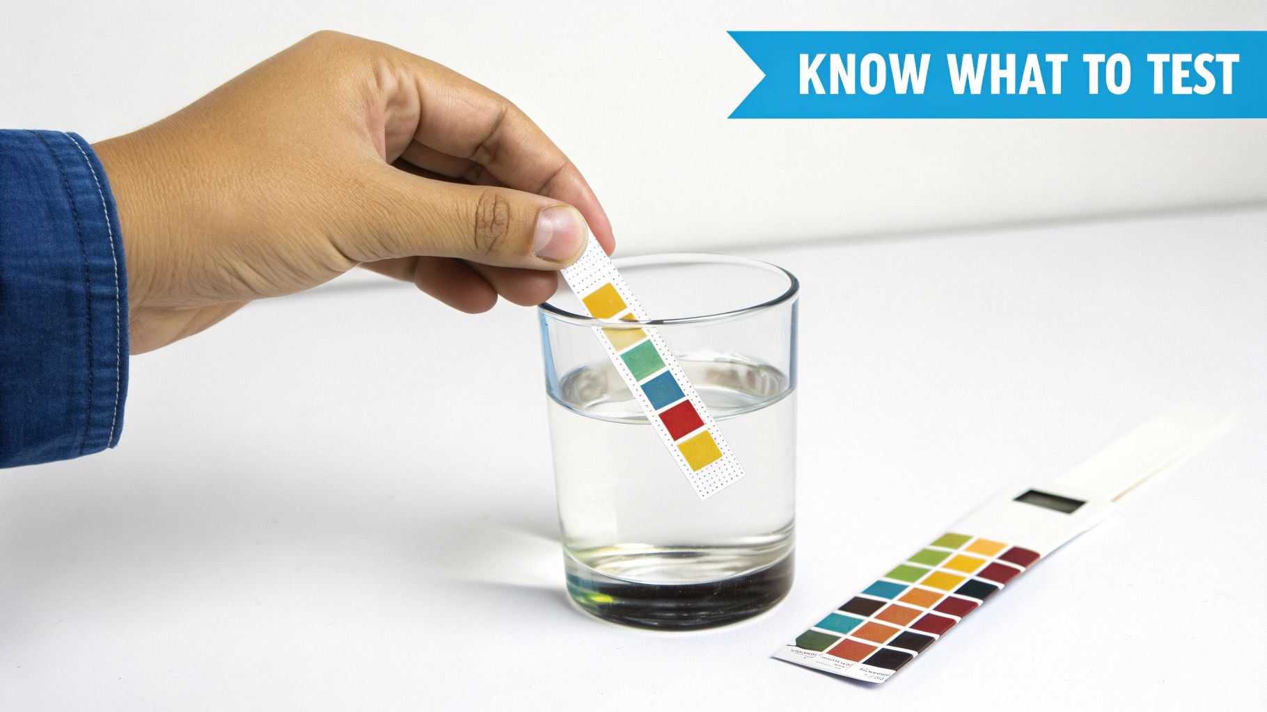 A scientist holding a water sample test tube with clear liquid against a blurred lab background.