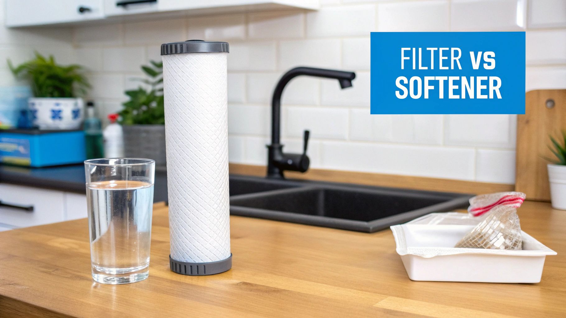 A white water filter cartridge, a glass of water, and a kitchen sink with a 'FILTER VS SOFTENER' sign.