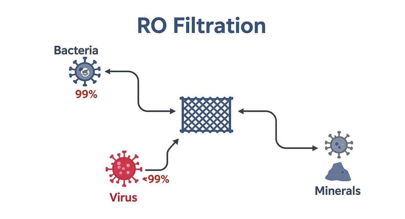 Reverse osmosis filtration diagram showing removal of bacteria, viruses, and minerals through membrane
