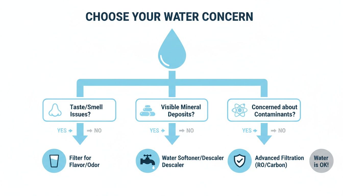 Flowchart guiding users to choose their water treatment solutions based on taste, mineral, or contaminant concerns.