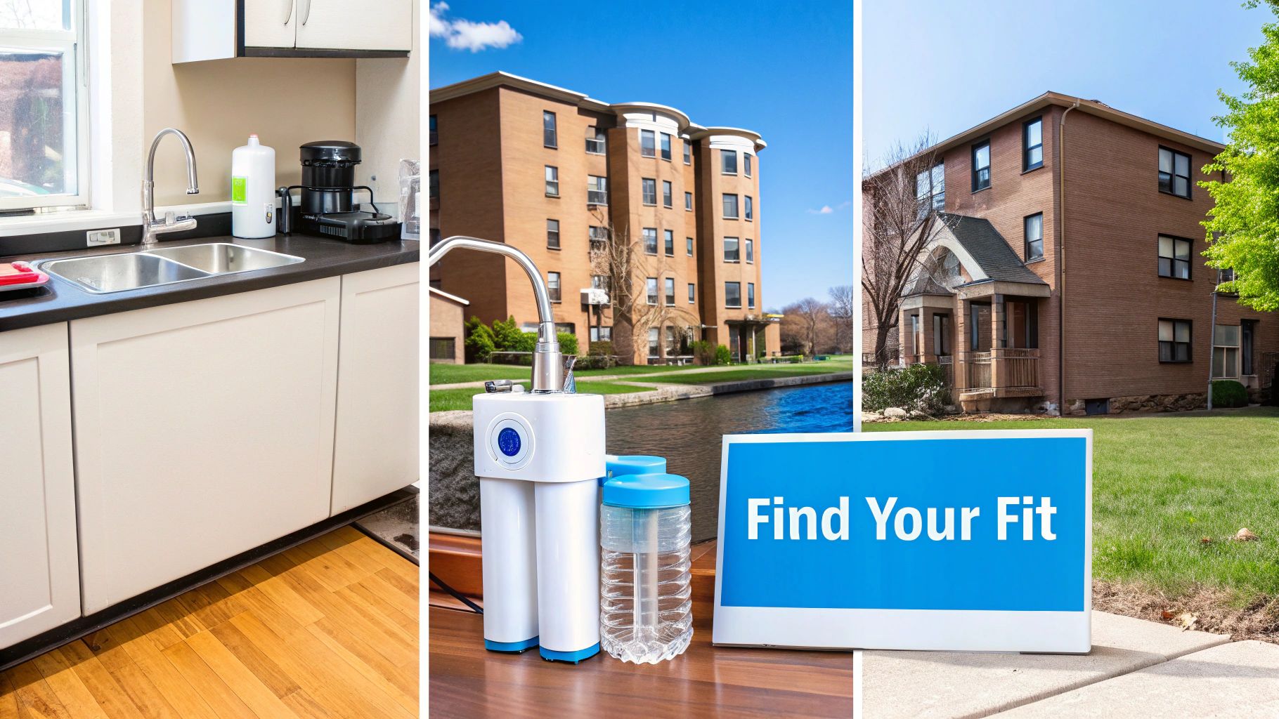 A three-panel image featuring a kitchen sink, a water purifier system, and two brick apartment buildings.