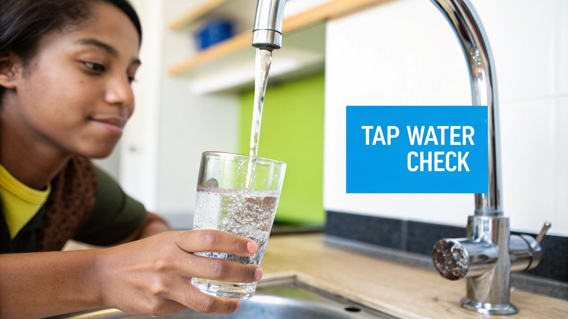 A young person fills a clear glass with water from a kitchen tap, next to a 'TAP WATER CHECK' sign.