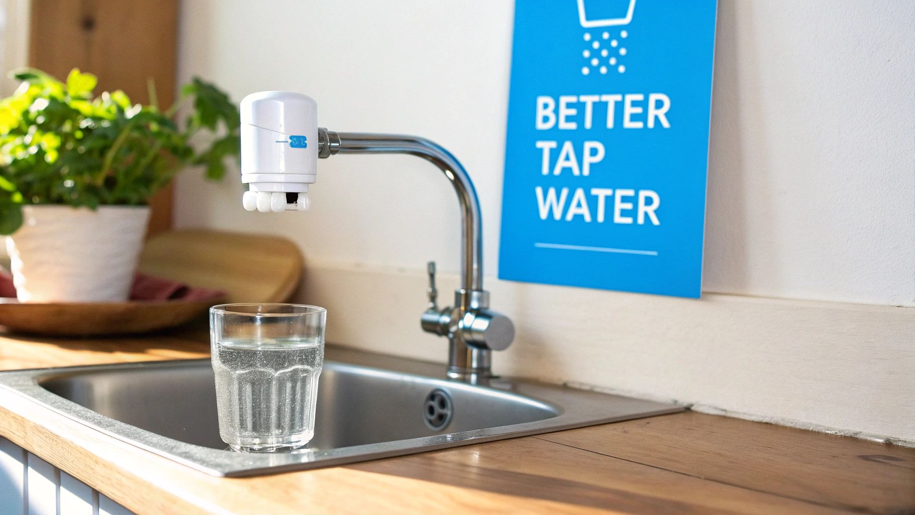 A white faucet water filter attached to a kitchen sink faucet, with a glass of water and a 'Better Tap Water' sign.