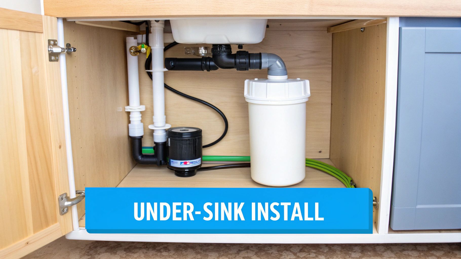 An under-sink water filter system neatly installed in a kitchen cabinet.