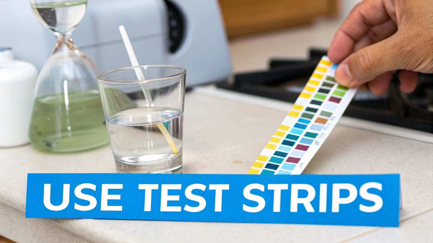 Person holding a chlorine test strip next to a color chart on the bottle.