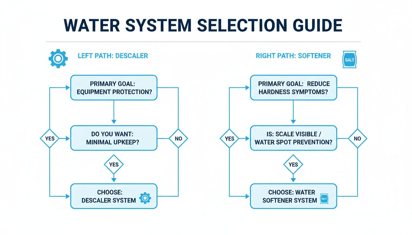 Flowchart guiding the choice between a descaler and water softener for home water systems.