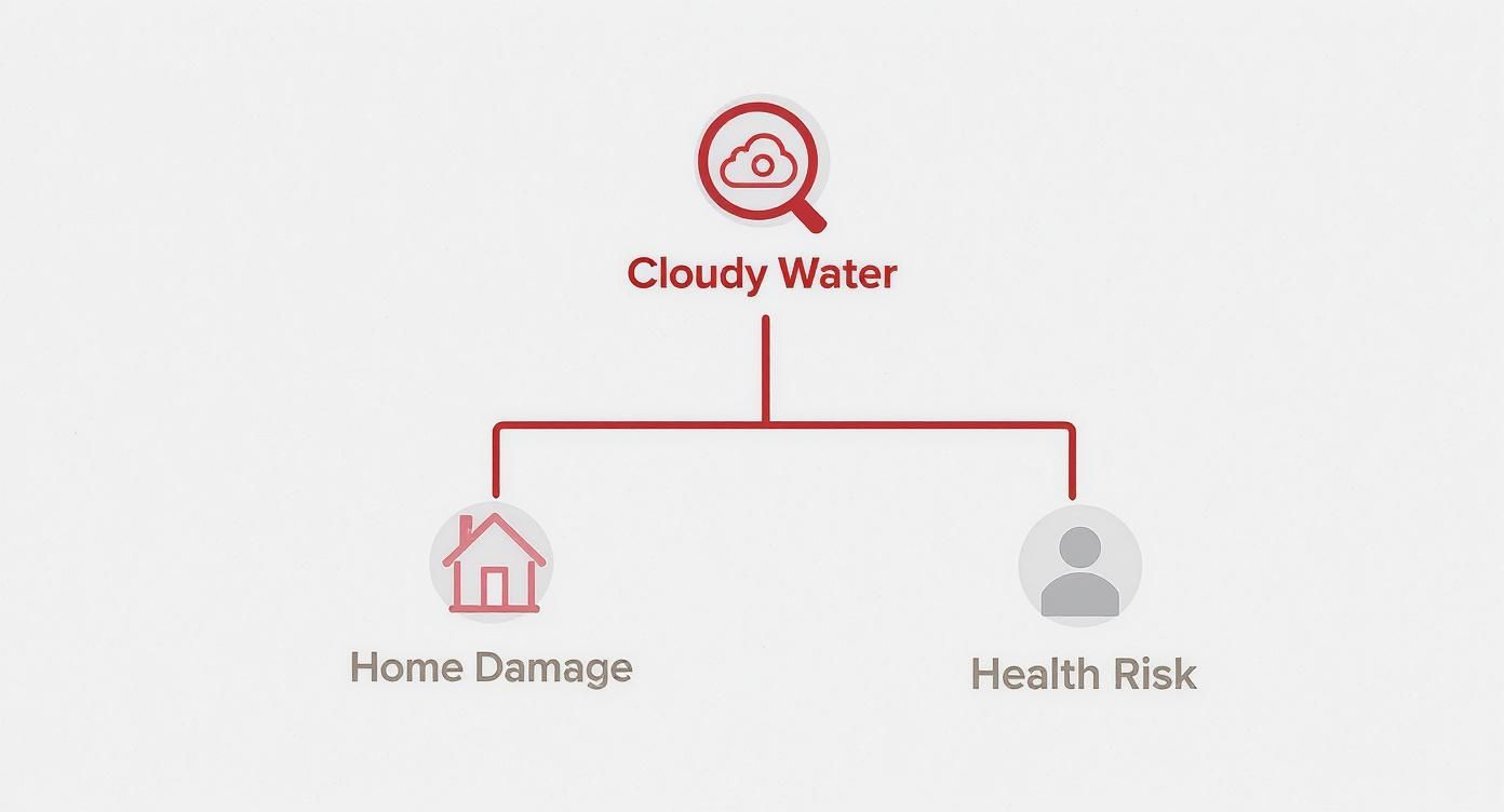 Diagram showing cloudy water causing home damage and health risks with magnifying glass icon