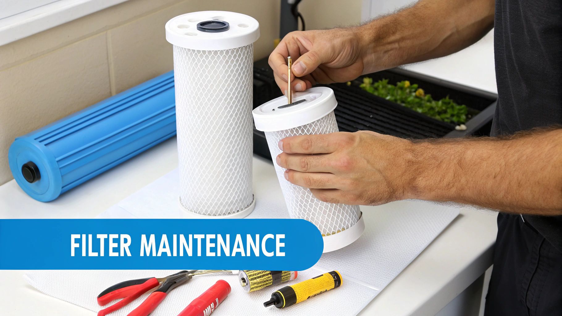 A person changing a water filter cartridge, highlighting the importance of regular maintenance for a home filtration system.
