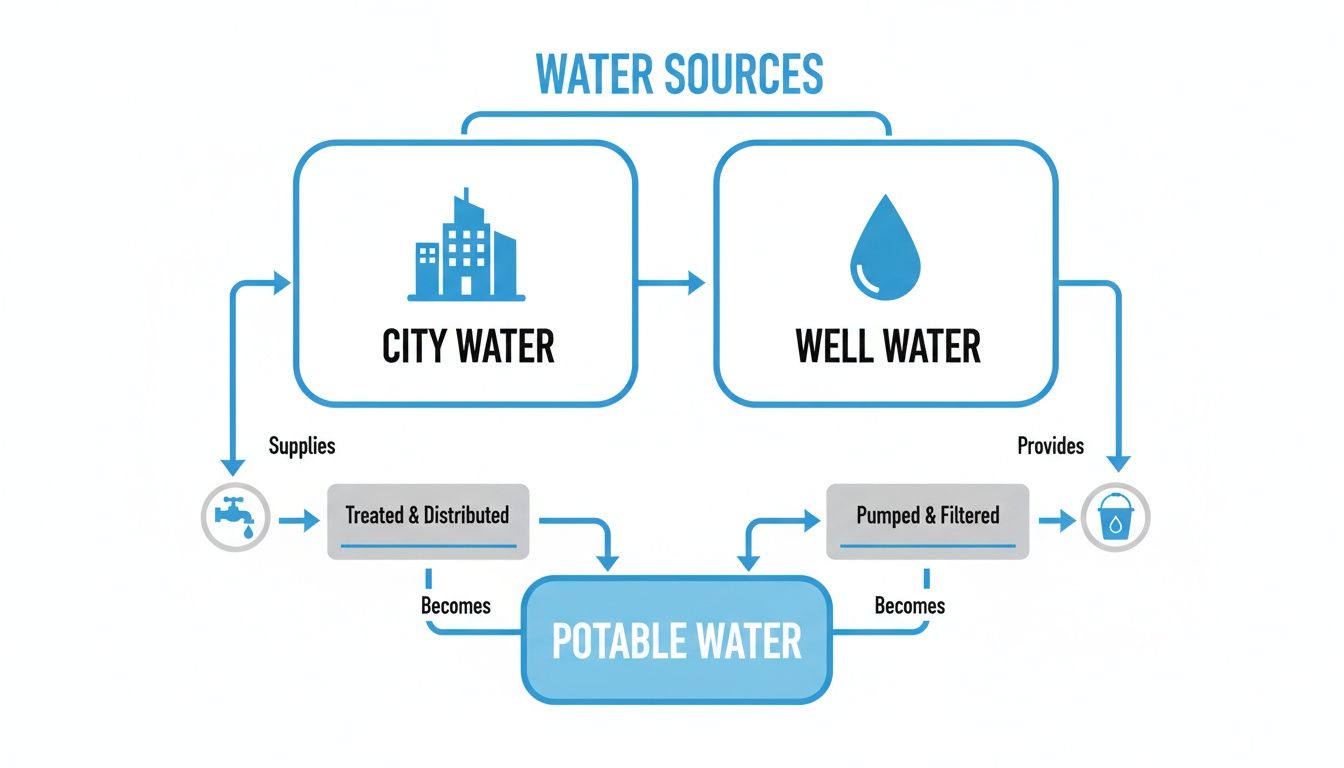 Flowchart illustrating water sources like city and well water, and their treatment into potable water.