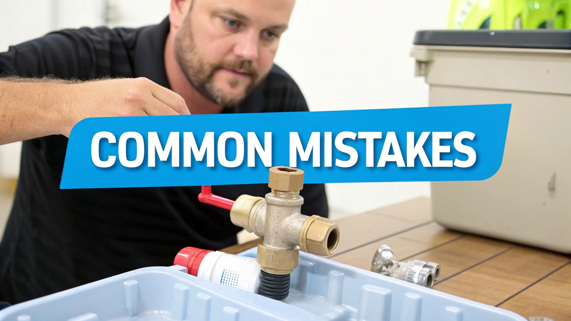 A man with a beard displays plumbing parts and a banner reading 'COMMON MISTAKES' on a table.