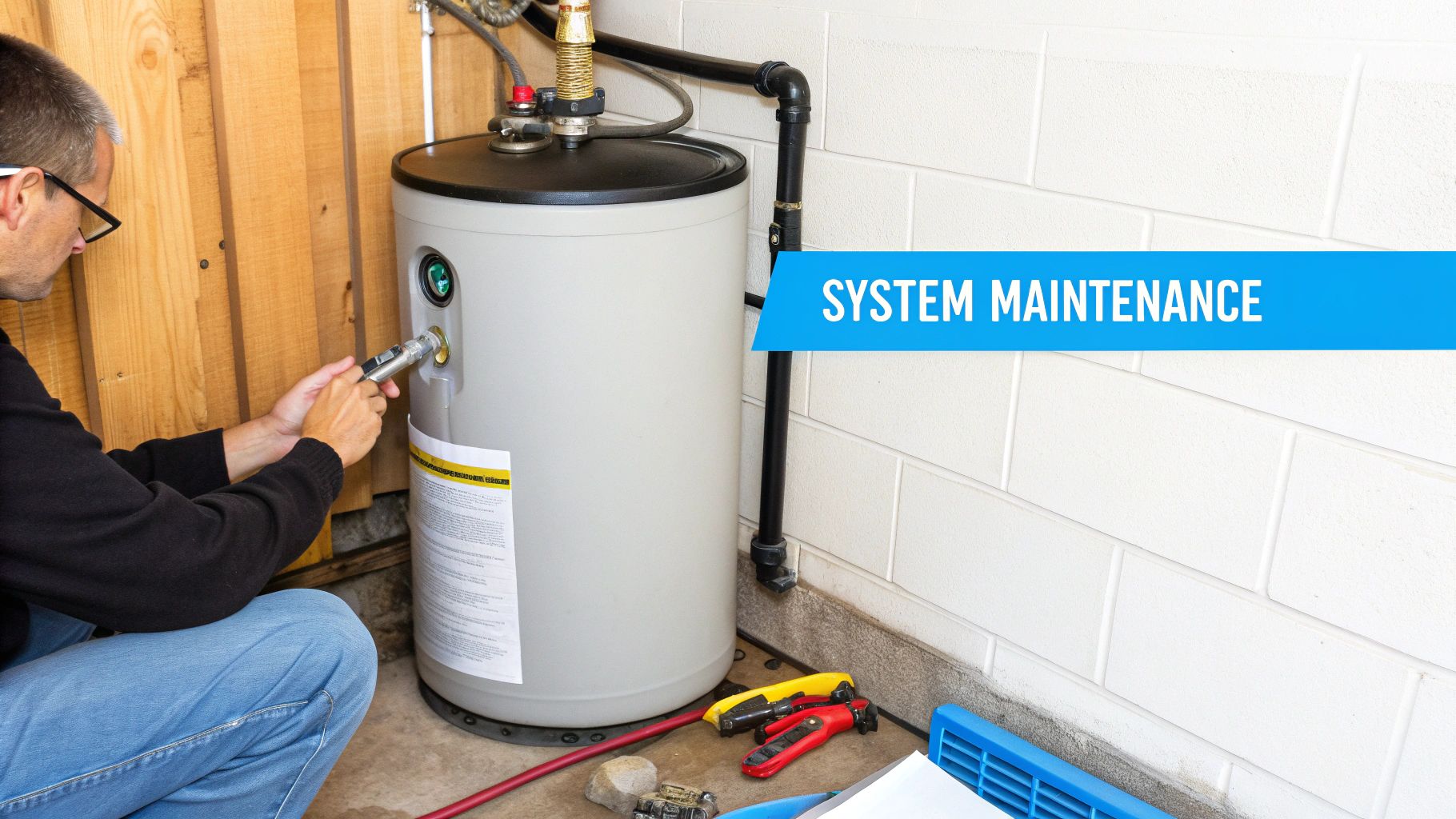 Plumber performing maintenance on residential water heater system with tools and equipment