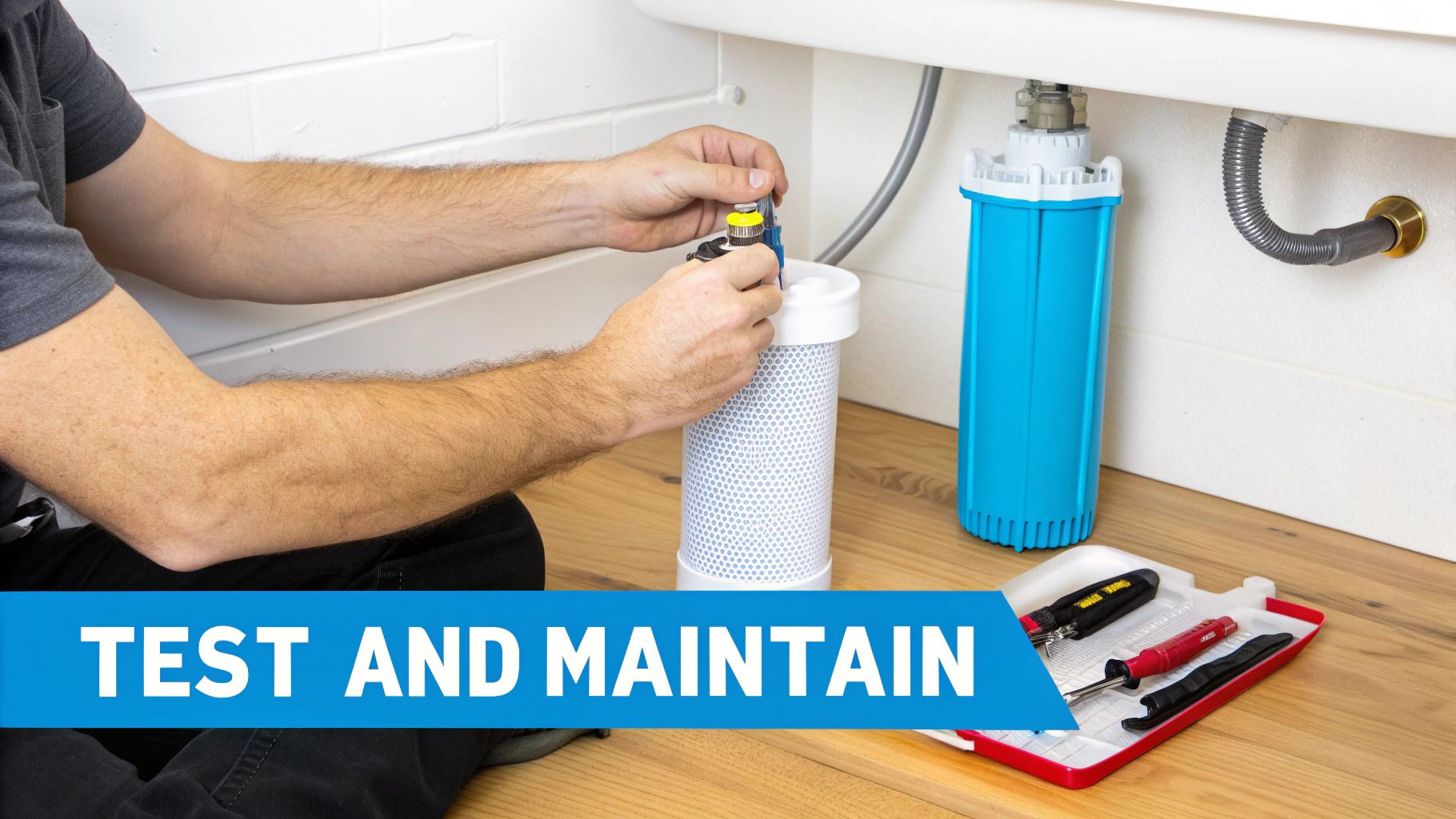 Hands installing a white water filter under a sink, with a blue filter and tools nearby.