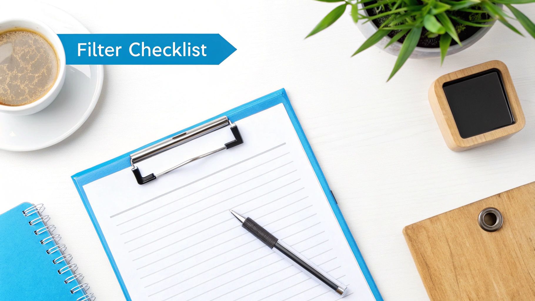 A flat lay of a desk with coffee, a clipboard with a 'Filter Checklist' and a pen.
