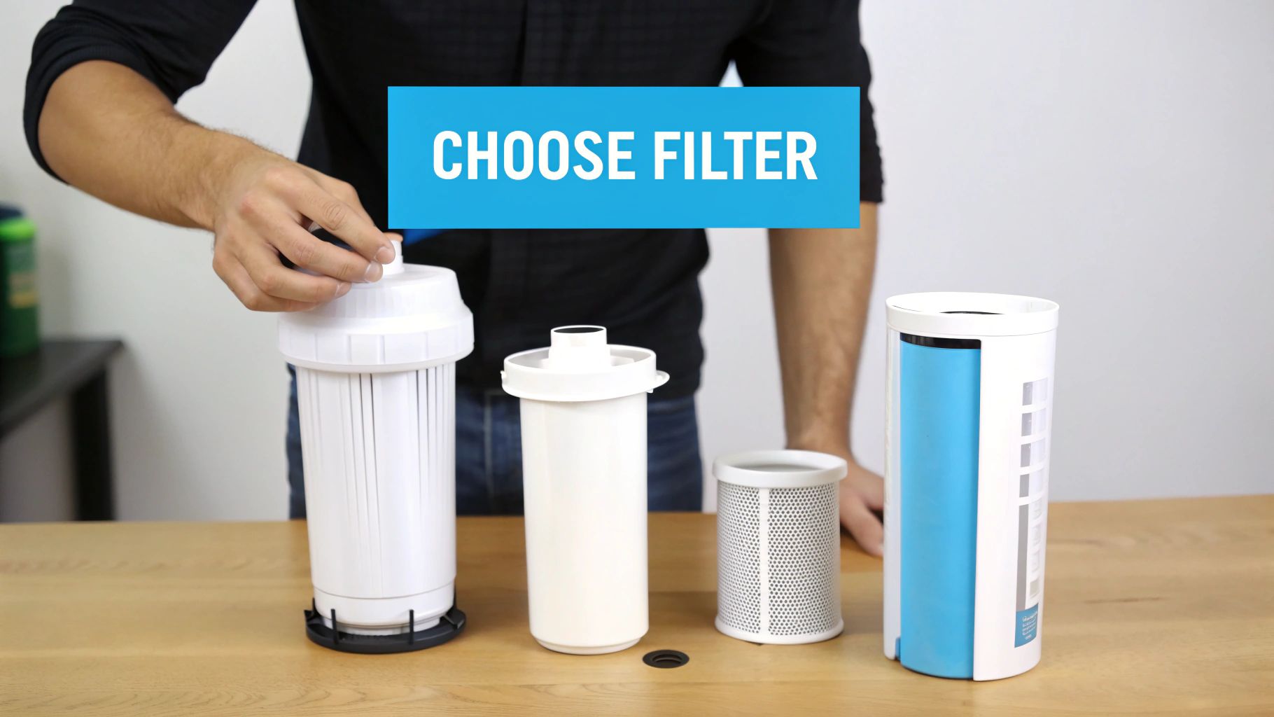 A person smiling as they install an under-sink water filter.