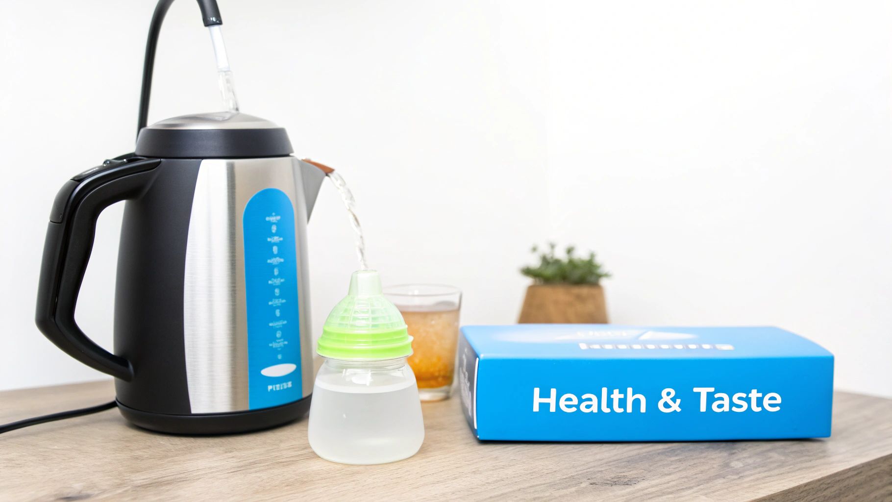 A modern electric kettle dispenses filtered water into a baby bottle, promoting health and taste.